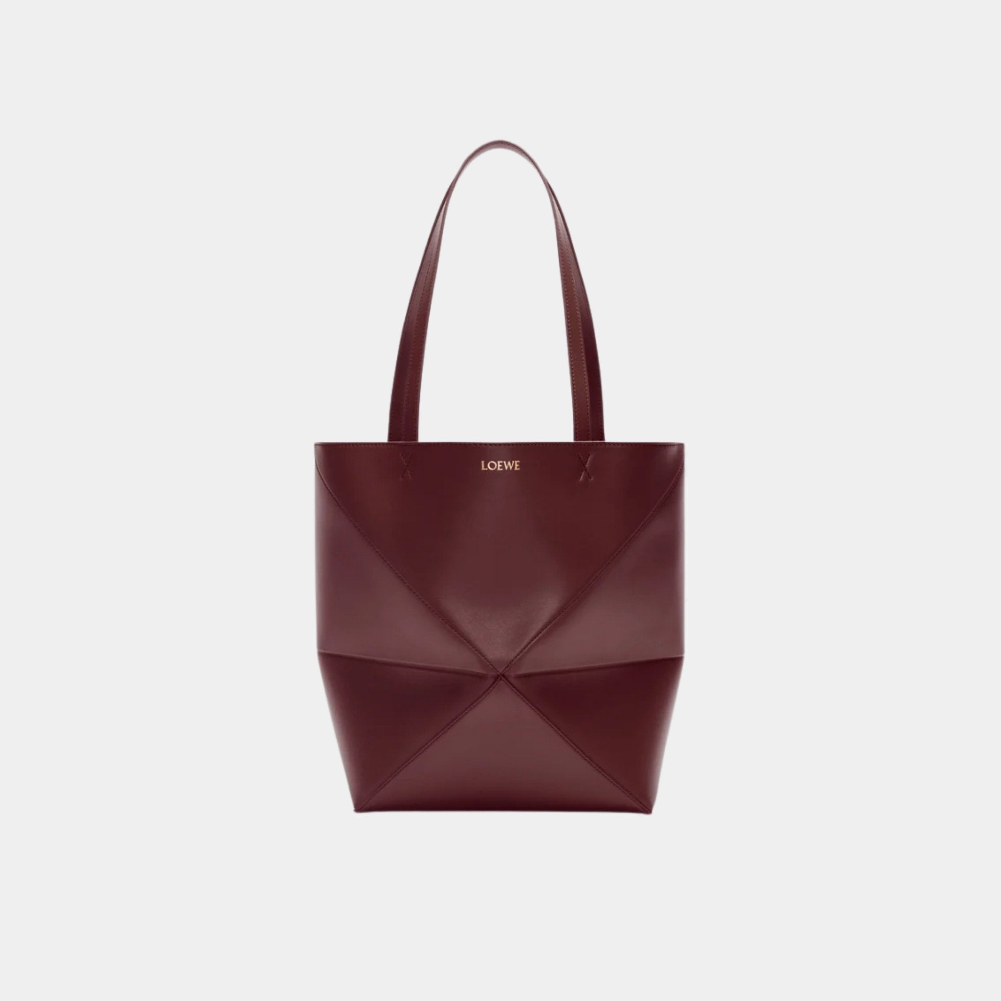Loewe Medium Puzzle Fold Tote In Shiny Calfskin, Dark Burgundy, Front