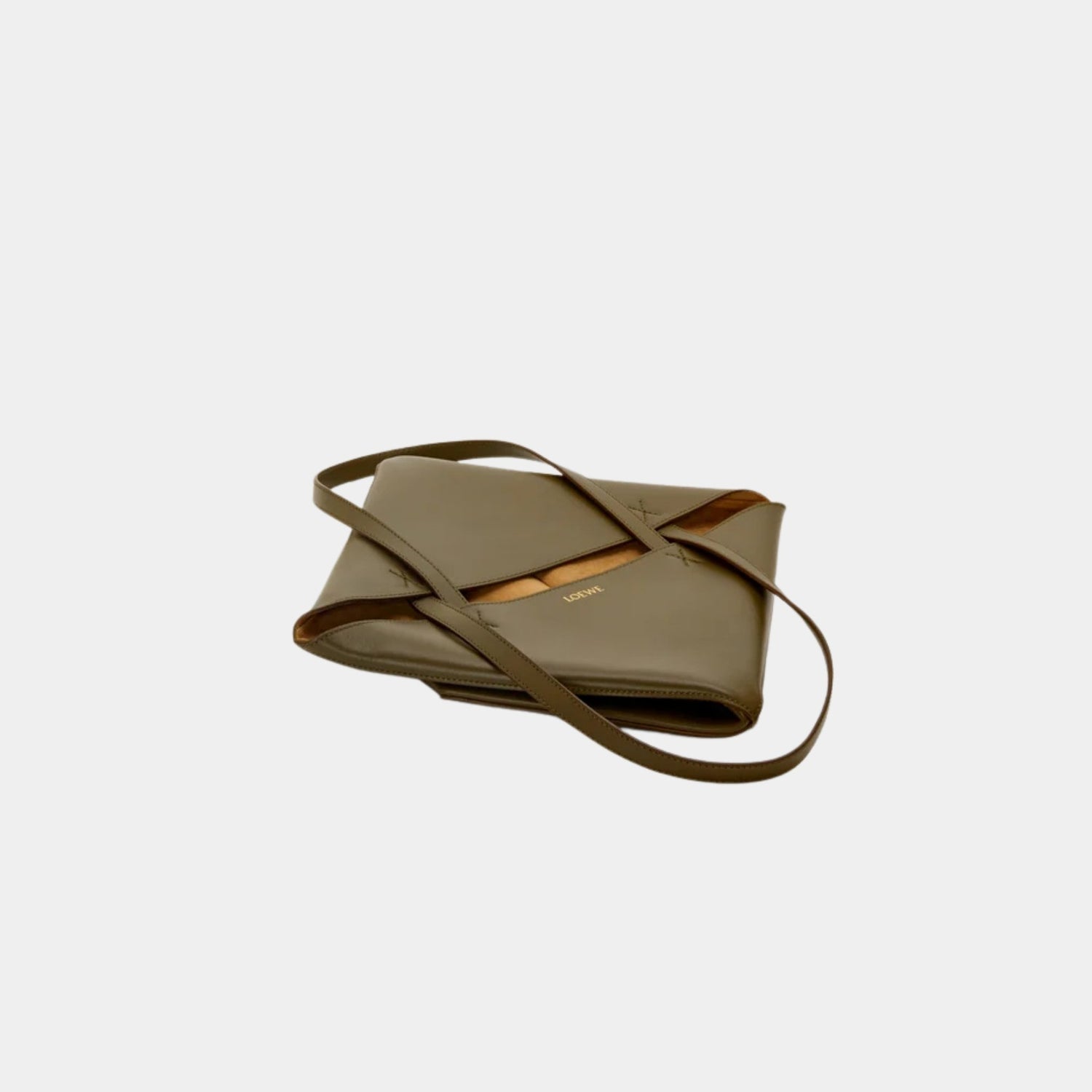 Loewe Medium Puzzle Fold Tote In Shiny Calfskin, Dark Khaki, Flat