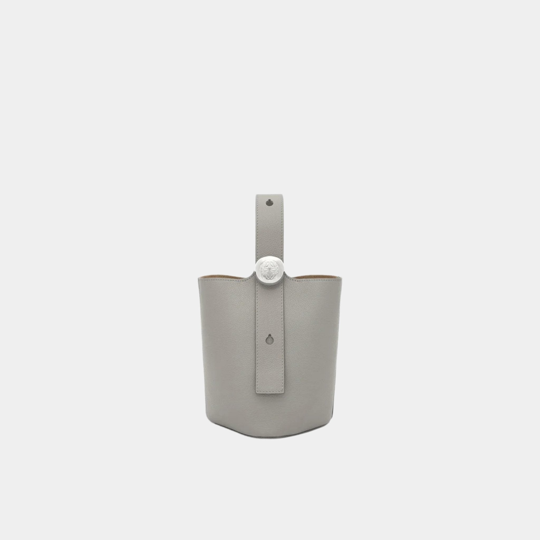 Loewe Mini Pebble Bucket Bag In Soft Grained Calfskin, Pearl Grey, Front