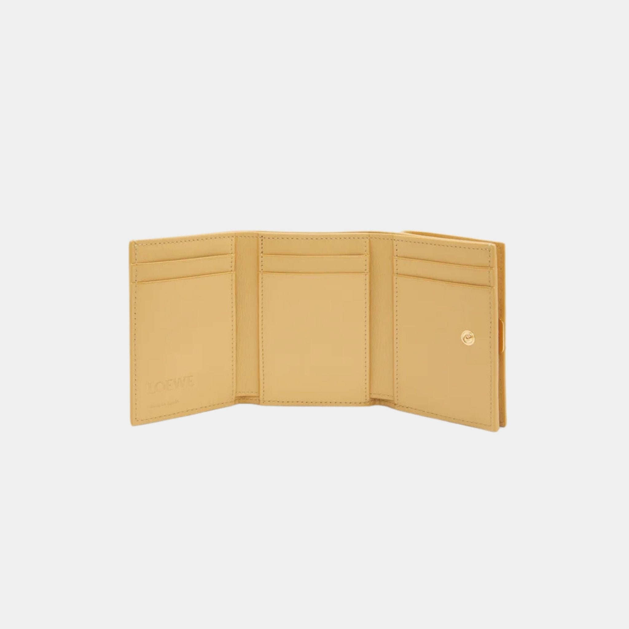 Loewe Puffer Anagram Trifold Wallet In Shiny Nappa Calfskin, Dark Butter, Open