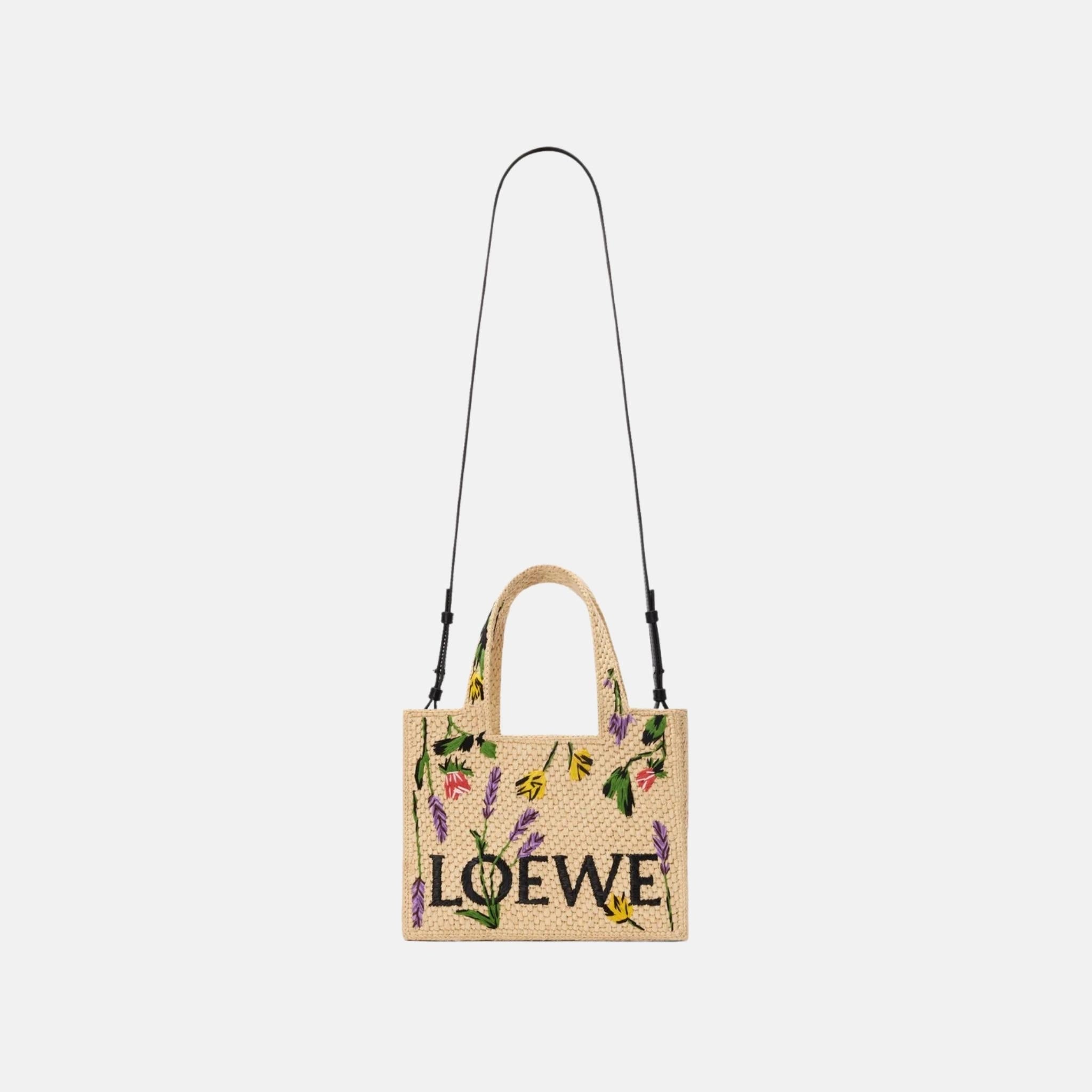 Loewe Small Font Tote in Handwoven Raffia Palm Leaves, Full