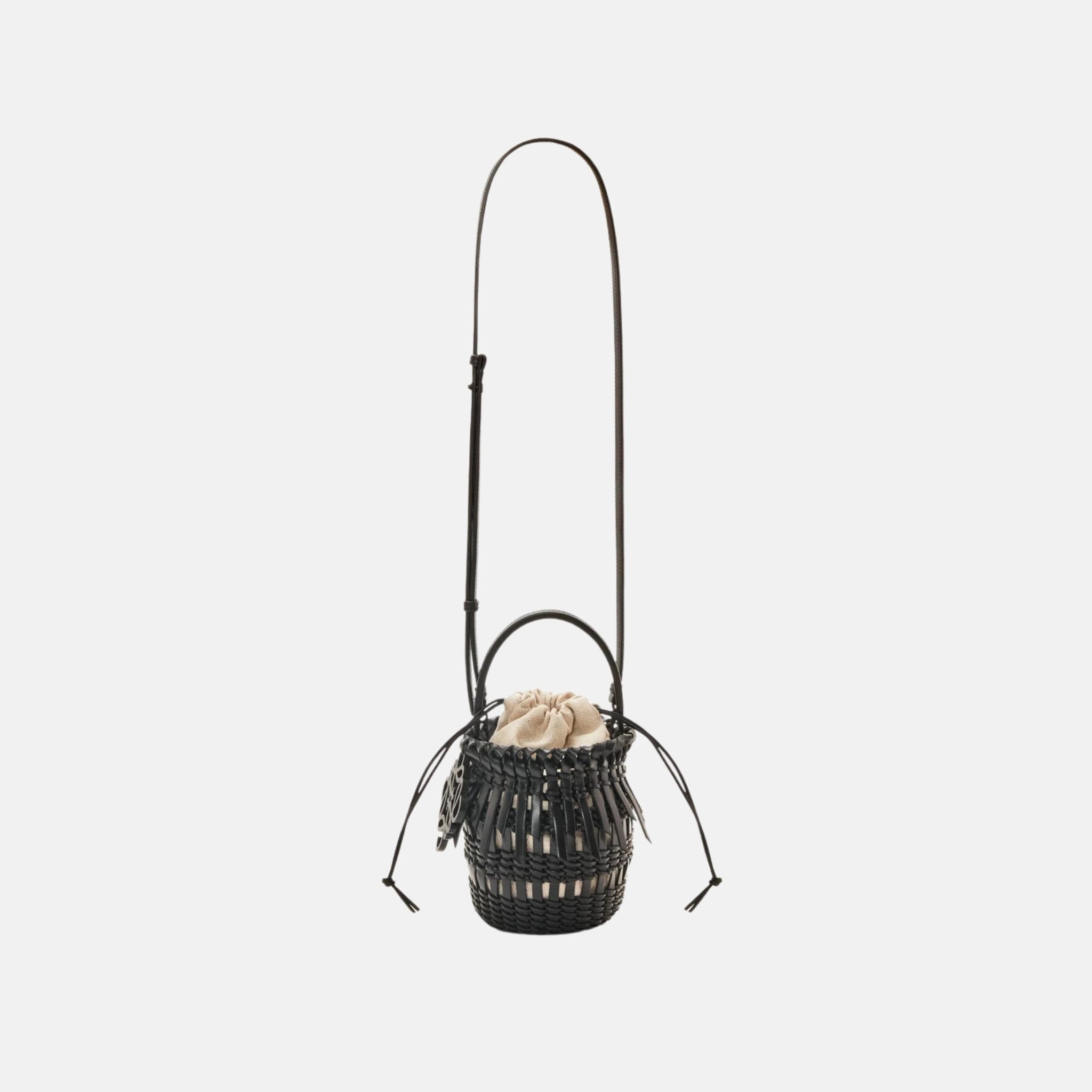 Loewe Small Fringe Bucket Bag in Calfskin, Black, Full