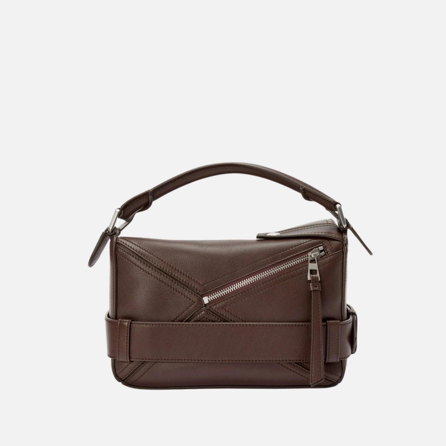 Loewe Small Puzzle Biker Bag in Shiny Calfskin, Dark Brownie, Back