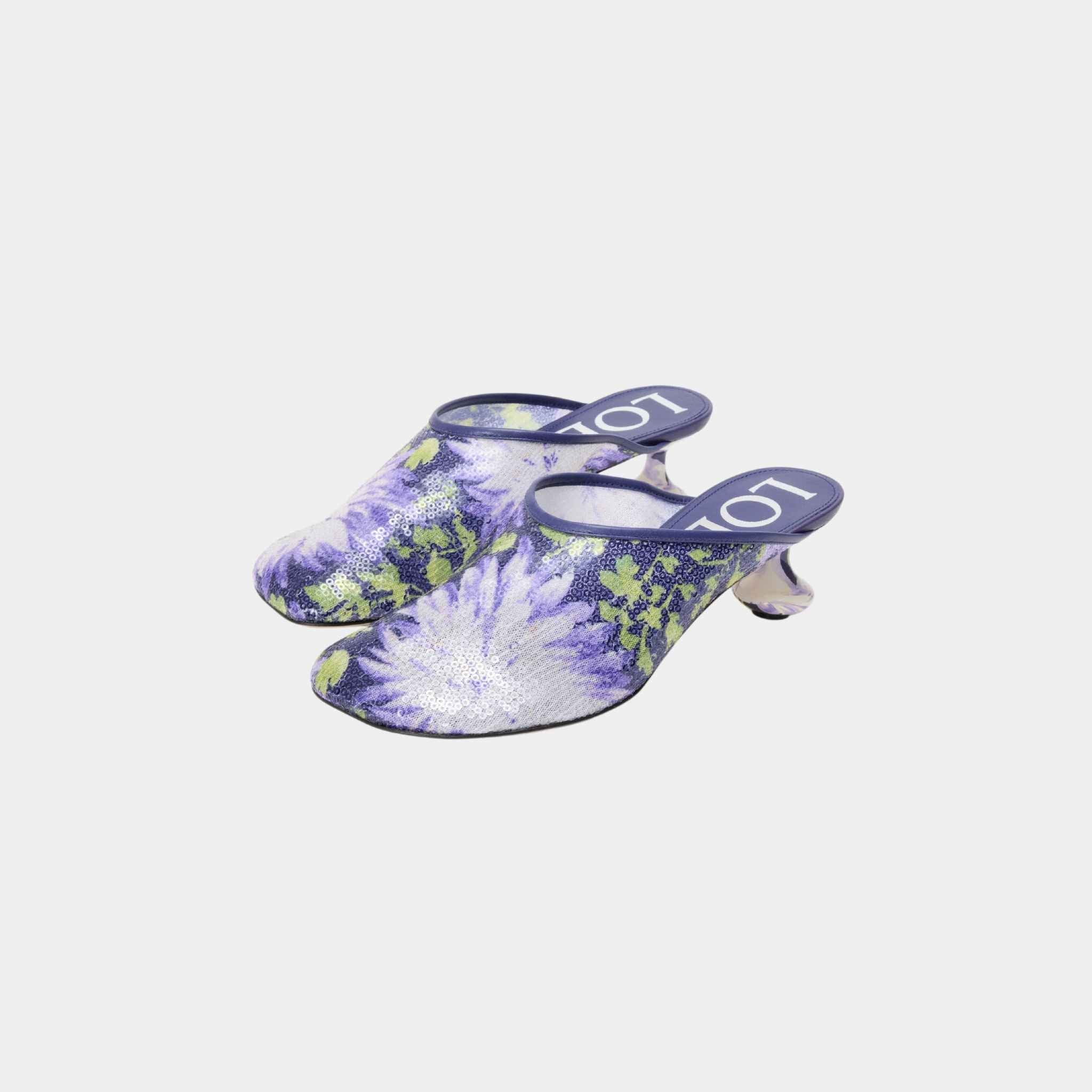 Loewe Toy Mule With Floral Print Sequins, Navy, Lilac, Front
