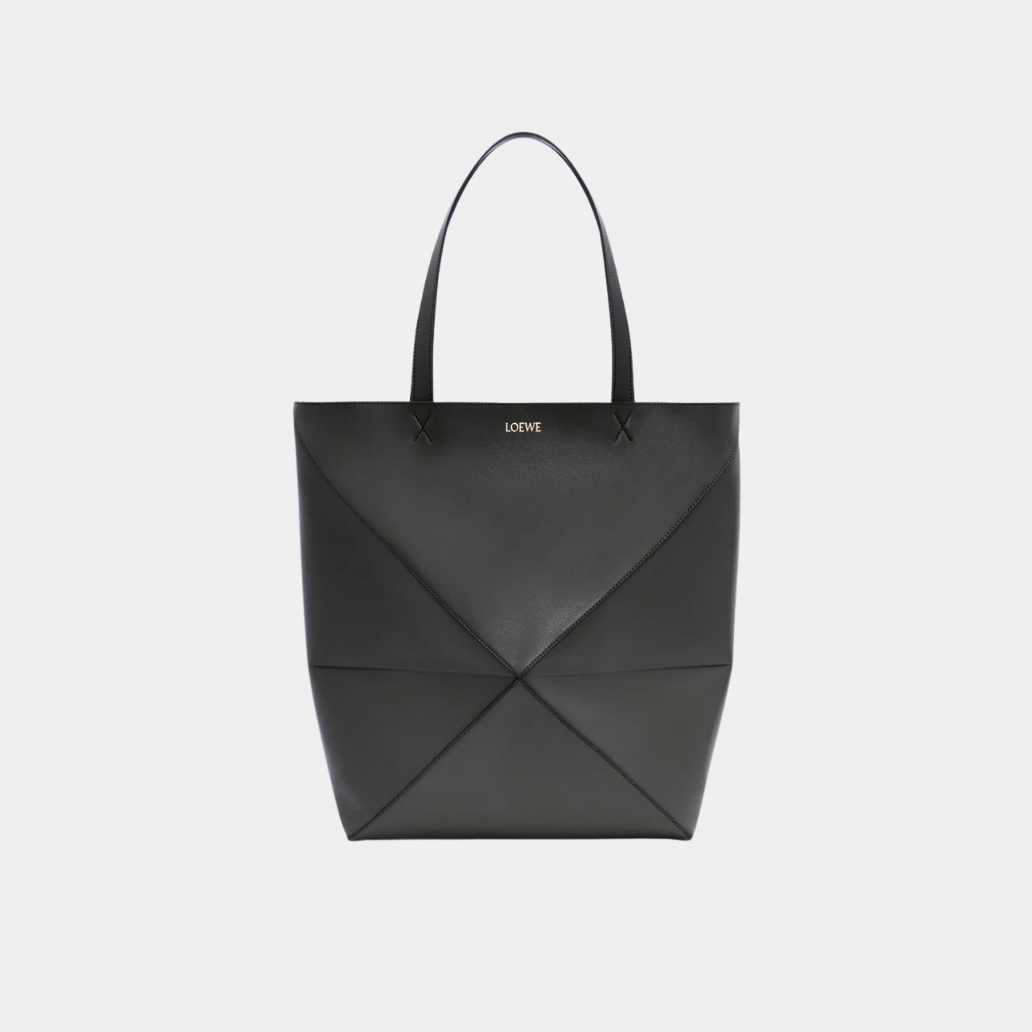Loewe XL Puzzle Fold Tote Bag Shiny Calf Leather, Black, Front