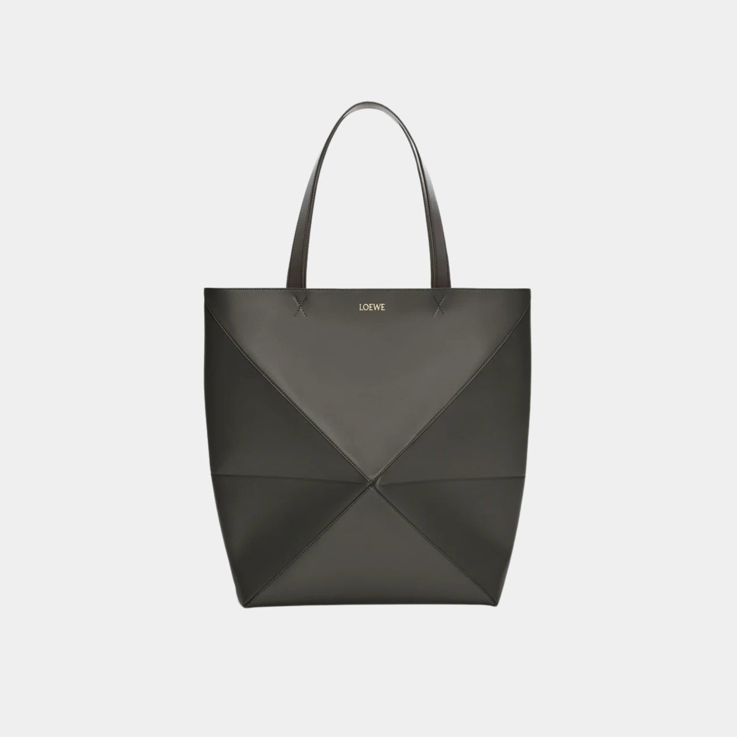 Loewe XL Puzzle Fold Tote Bag Shiny Calf Leather, Dark Gray, Front