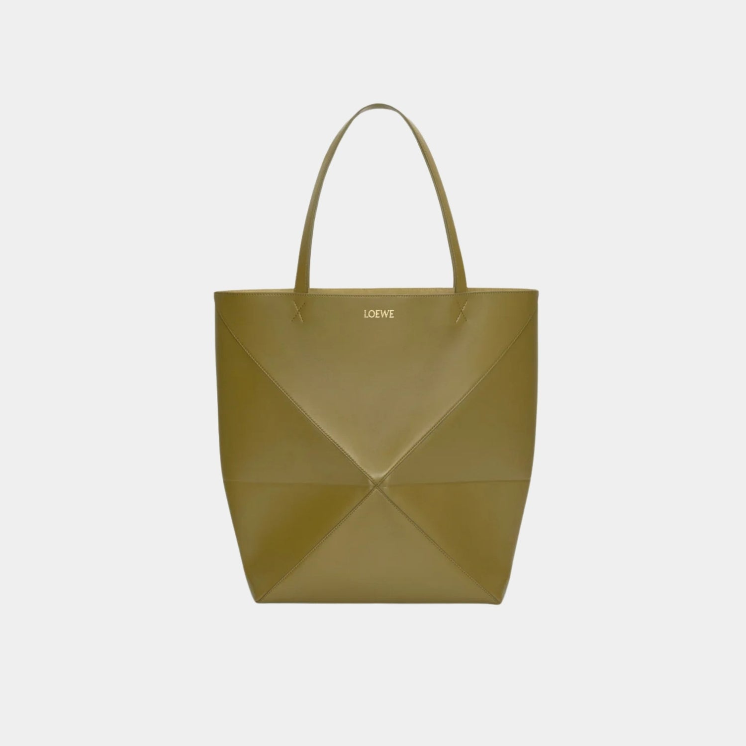 Loewe XL Puzzle Fold Tote Bag Shiny Calf Leather, Olive Green, Front
