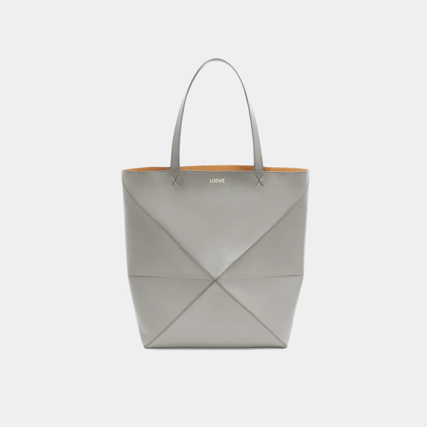 Loewe XL Puzzle Fold Tote Bag Shiny Calf Leather, Pearl Grey, Front
