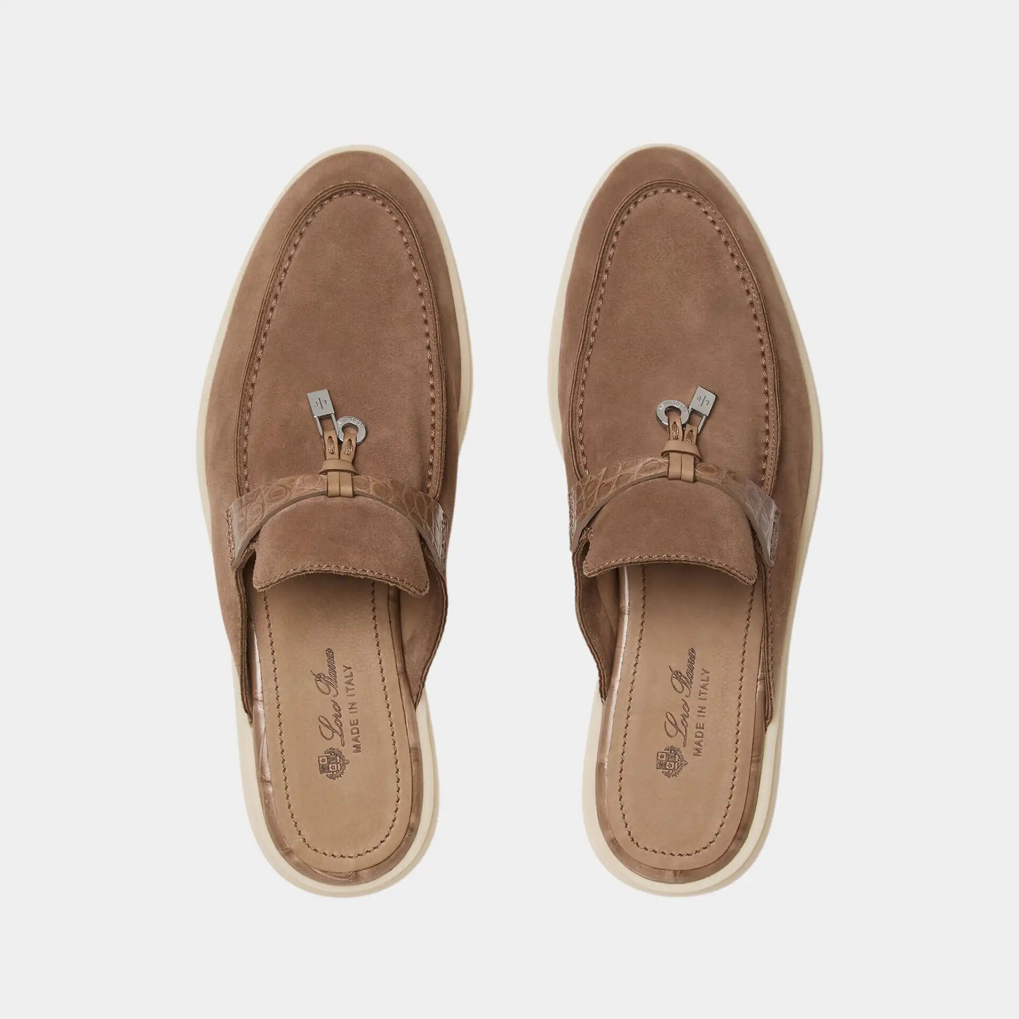 Loro Piana Charms Walk Babouche Loafer Suede With Alligator Saddles, Caribu, Top