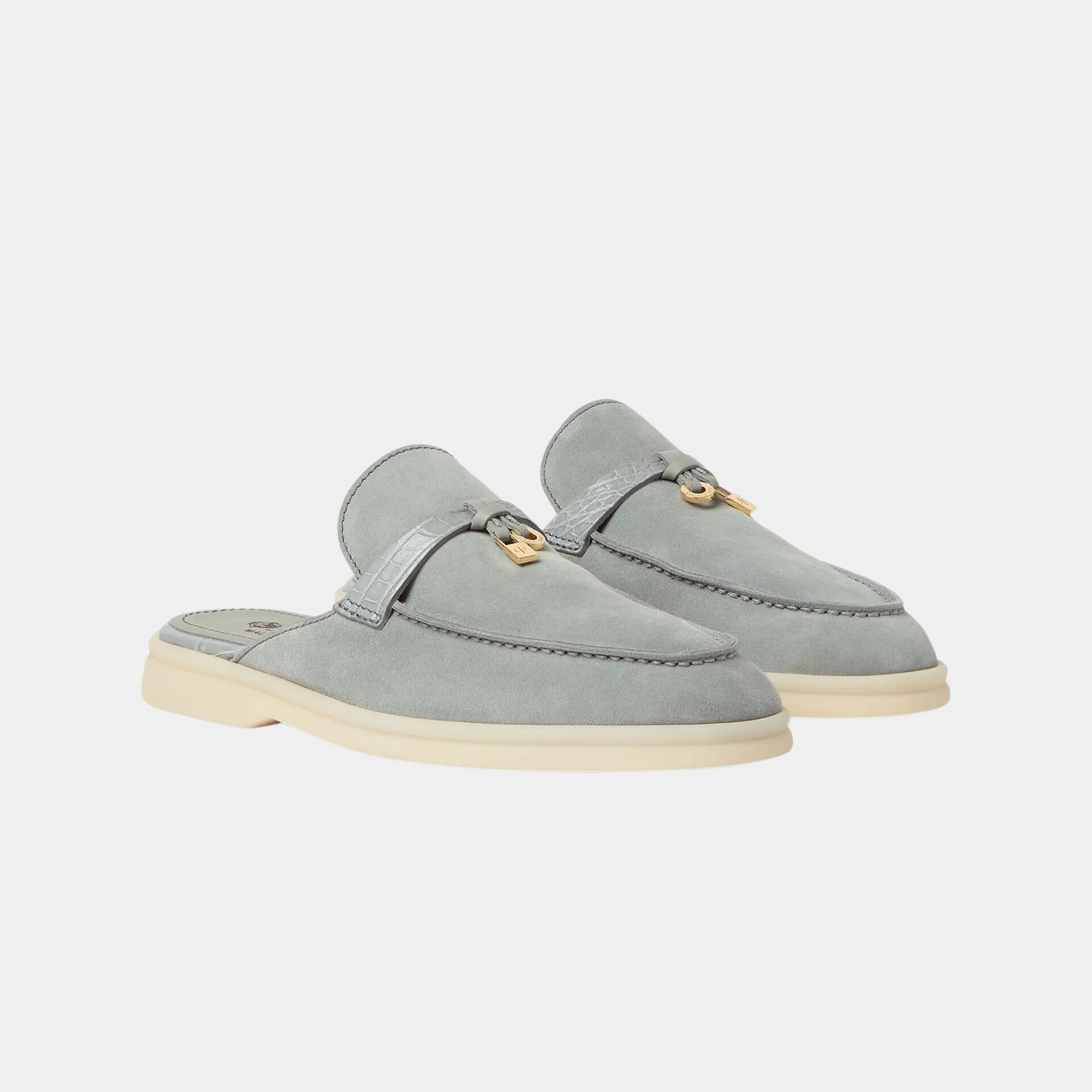 Loro Piana Charms Walk Babouche Loafer Suede With Alligator Saddles, Eucalyptus, Front