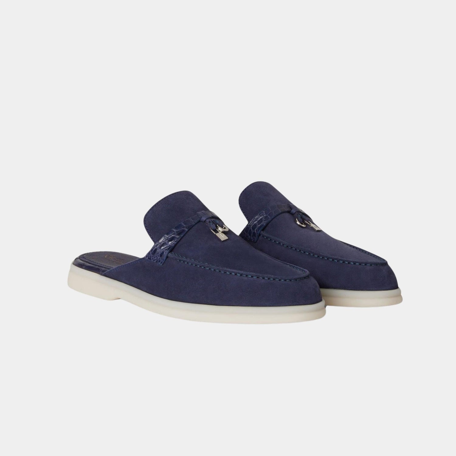 Loro Piana Charms Walk Babouche Loafer Suede With Alligator Saddles, Midnight Blue, Front