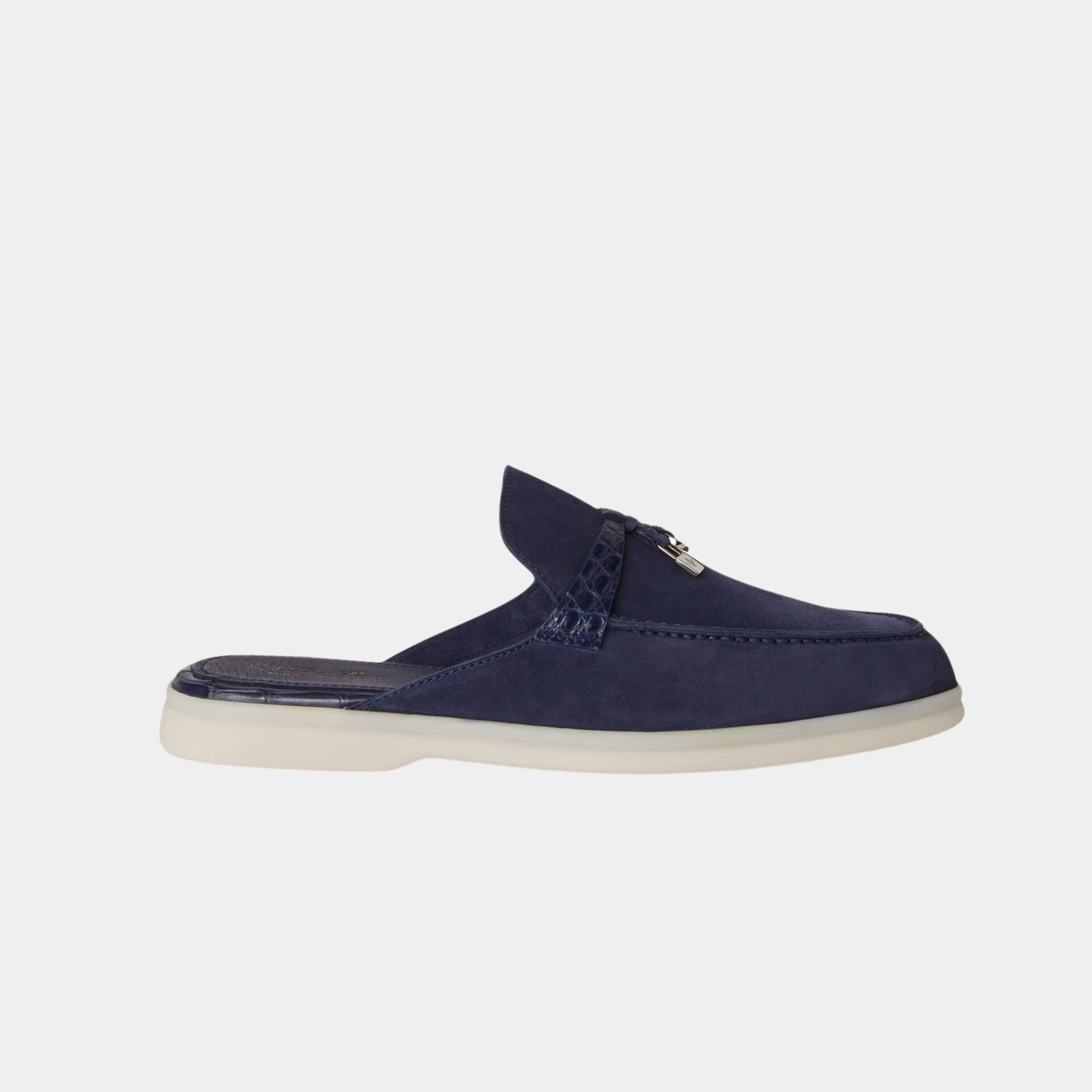 Loro Piana Charms Walk Babouche Loafer Suede With Alligator Saddles, Midnight Blue, Side