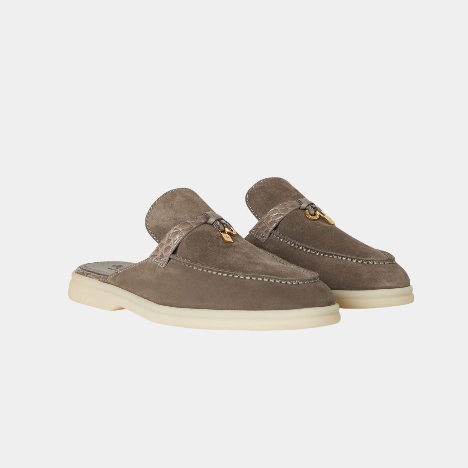 Loro Piana Charms Walk Babouche Loafer Suede With Alligator Saddles, Puddle Grey, Front