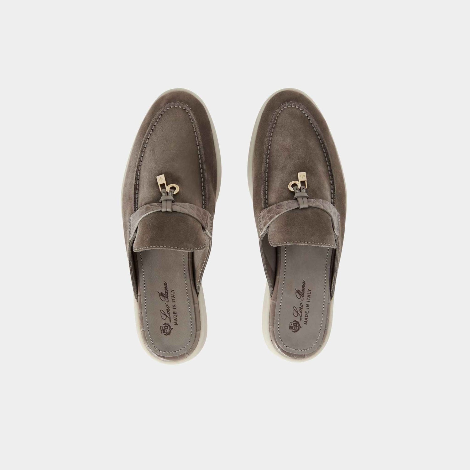 Loro Piana Charms Walk Babouche Loafer Suede With Alligator Saddles, Puddle Grey, Top