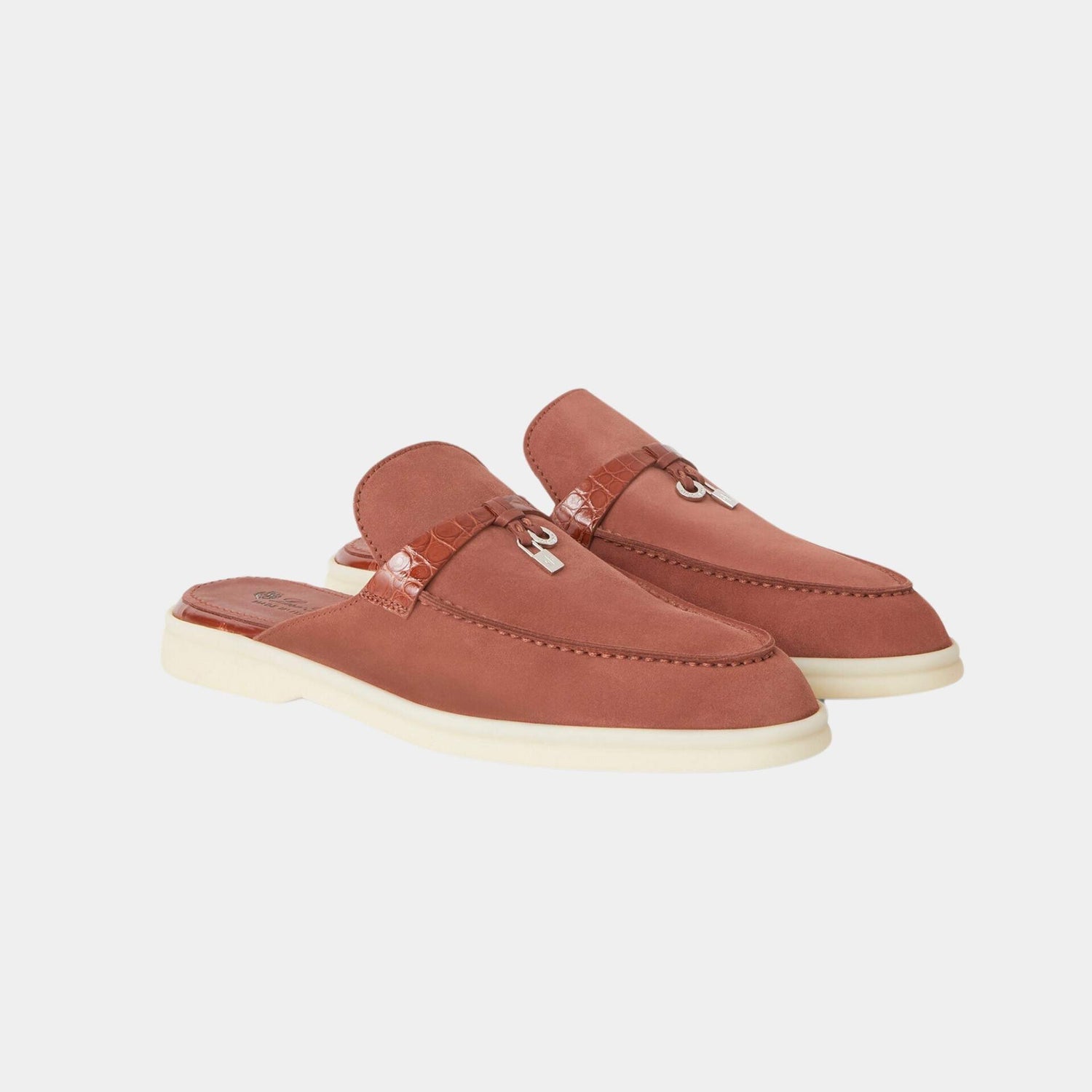 Loro Piana Charms Walk Babouche Loafer Suede With Alligator Saddles, Raw Sienna, Front