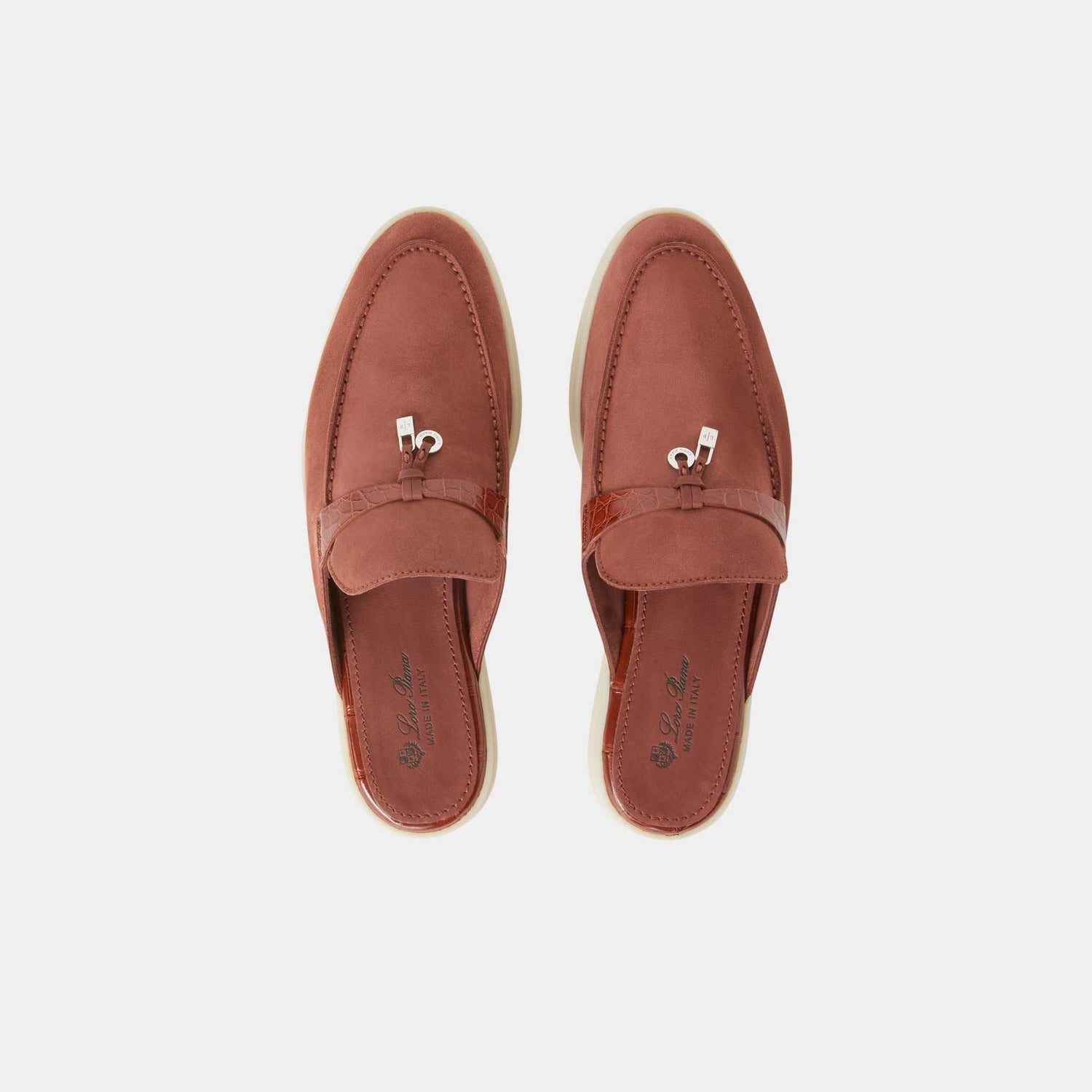 Loro Piana Charms Walk Babouche Loafer Suede With Alligator Saddles, Raw Sienna, Top
