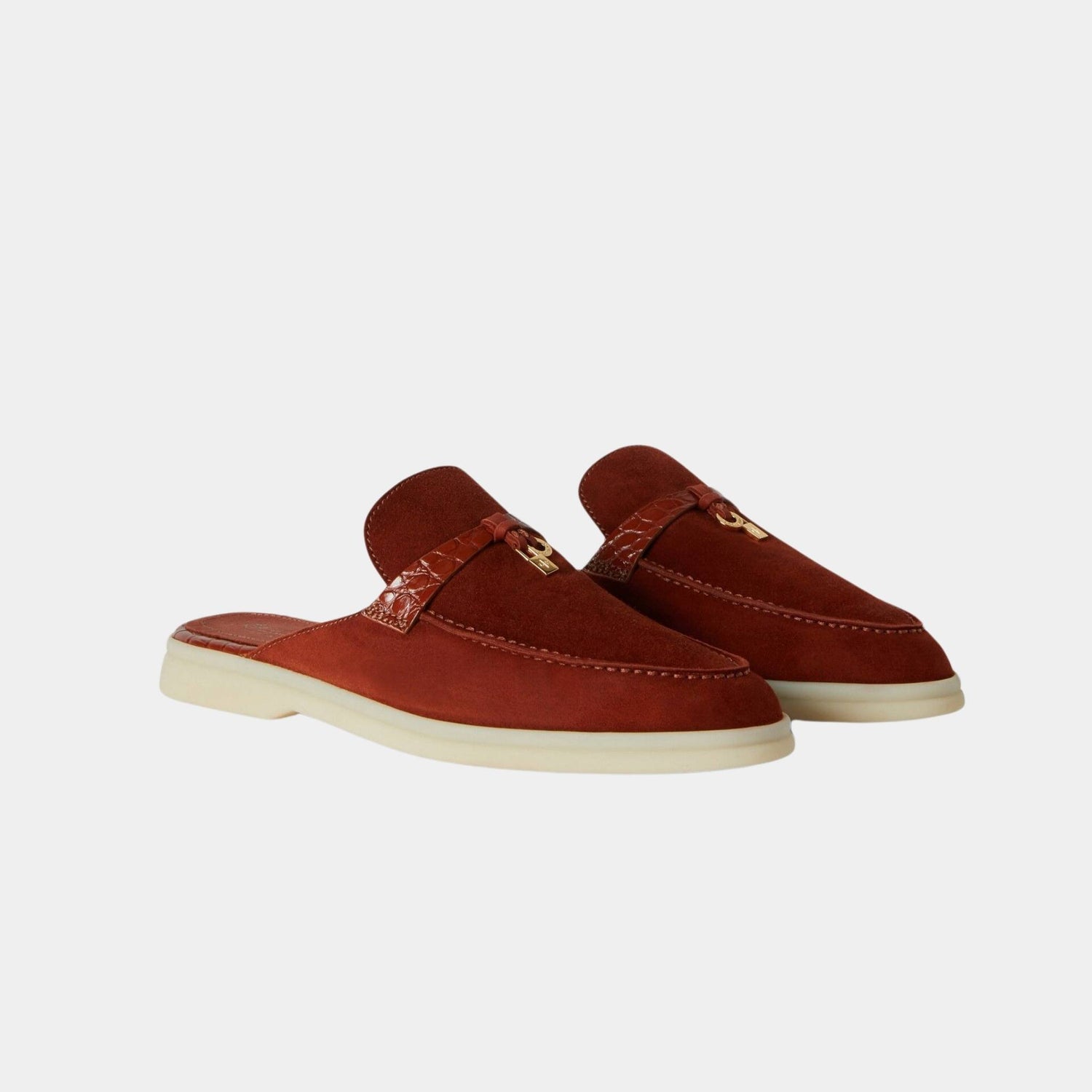 Loro Piana Charms Walk Babouche Loafer Suede With Alligator Saddles, Rust, Front