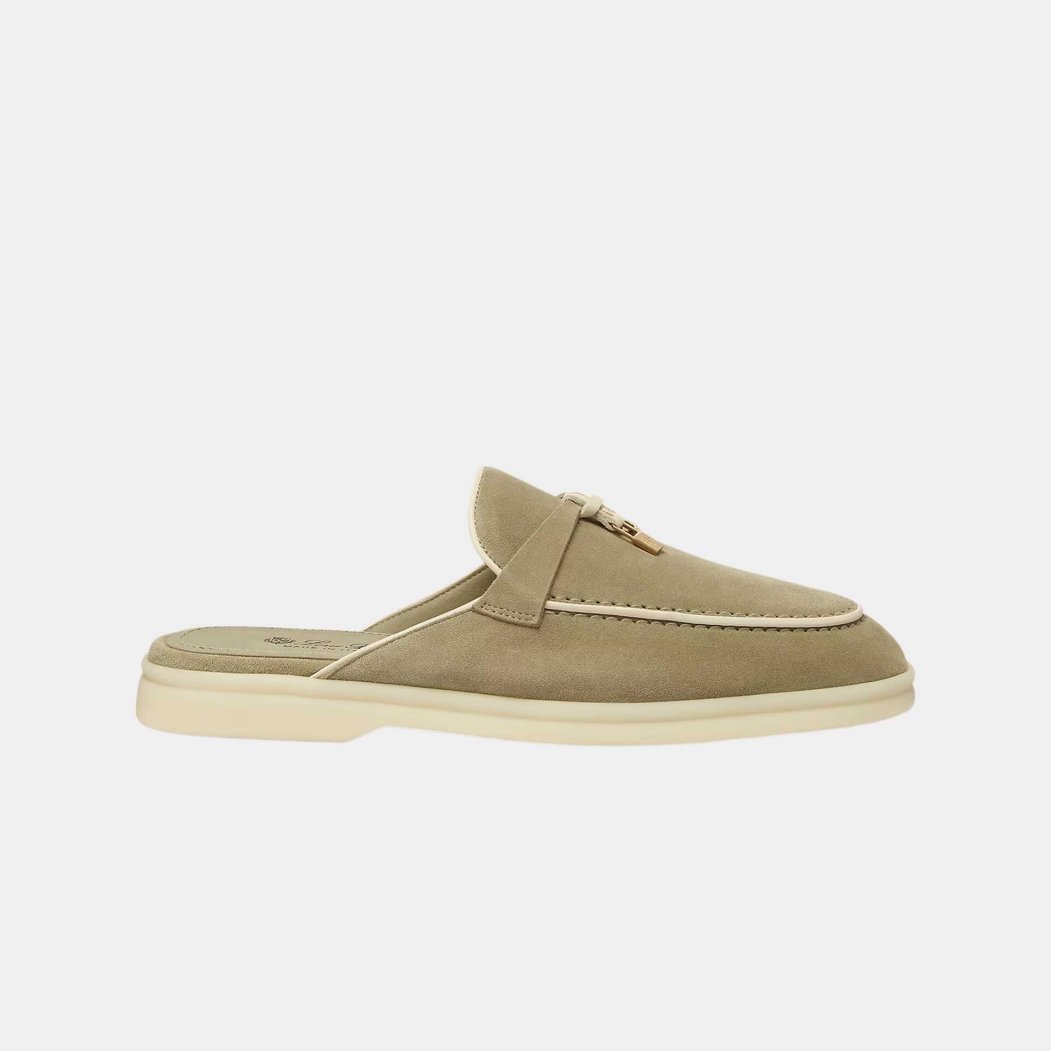 Loro Piana Charms Walk Babouche Loafer With Leather Piping, Dried Taragon, Side