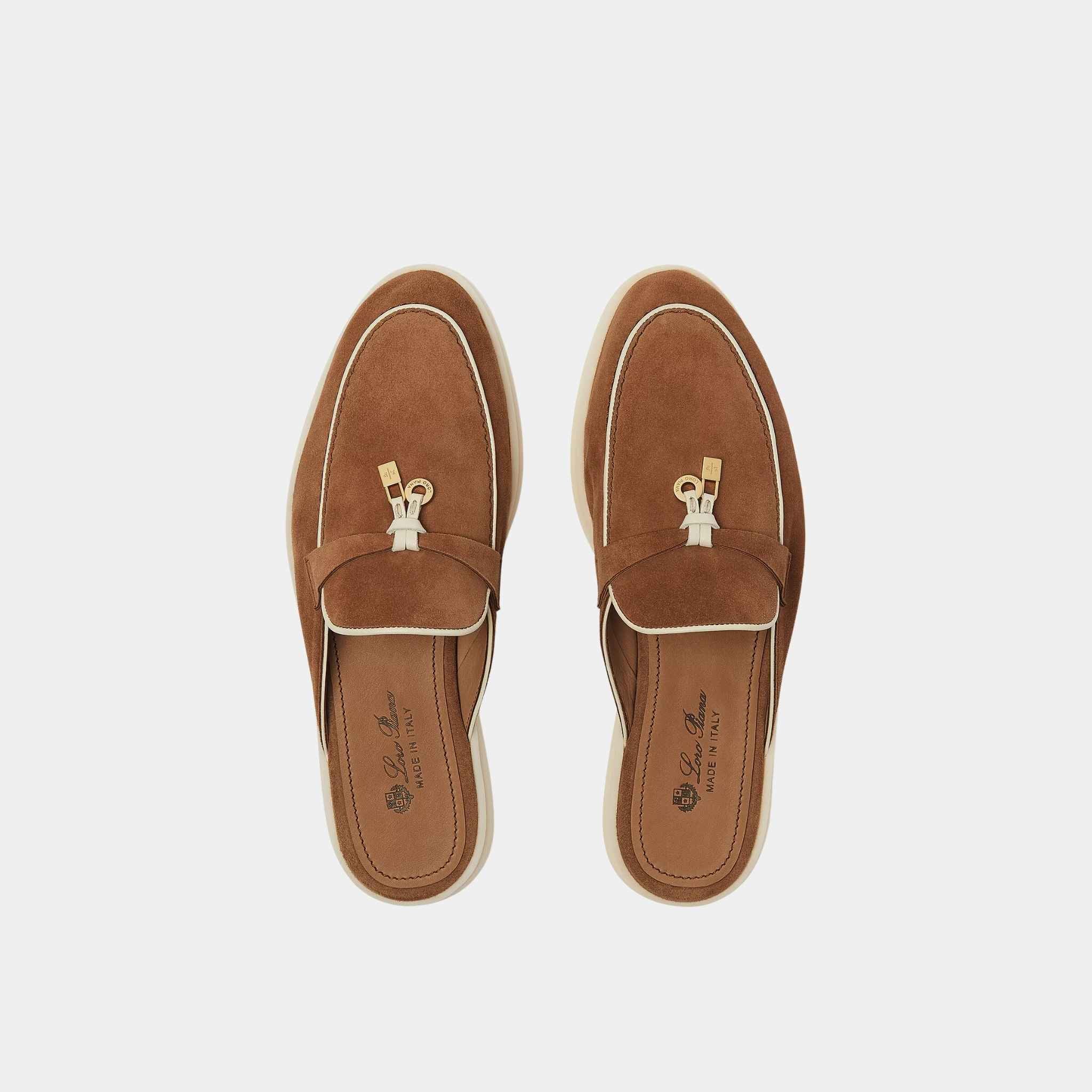 Loro Piana Charms Walk Babouche Loafer With Leather Piping, Mole, Top