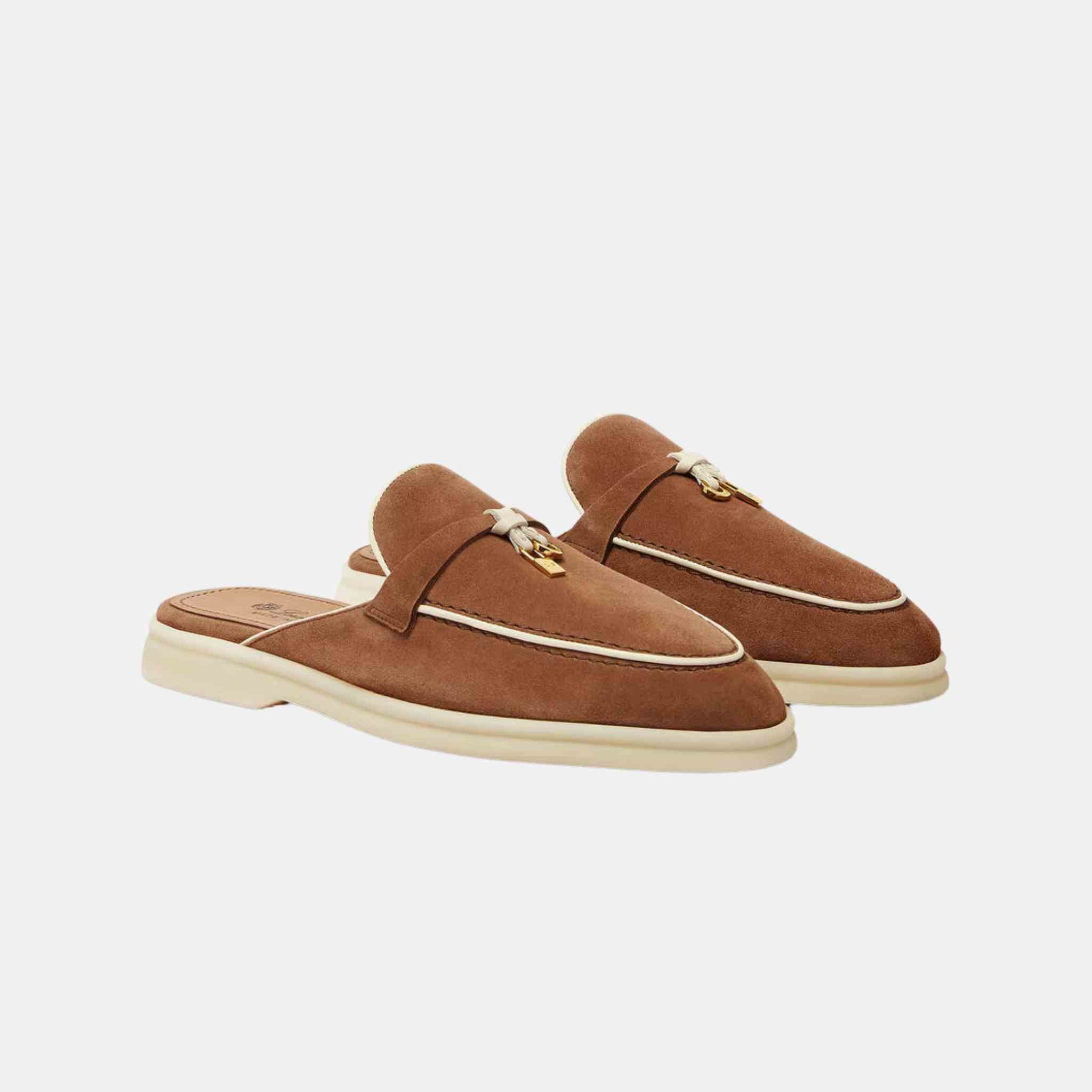 Loro Piana Charms Walk Babouche Loafer With Leather Piping, Mole, Front