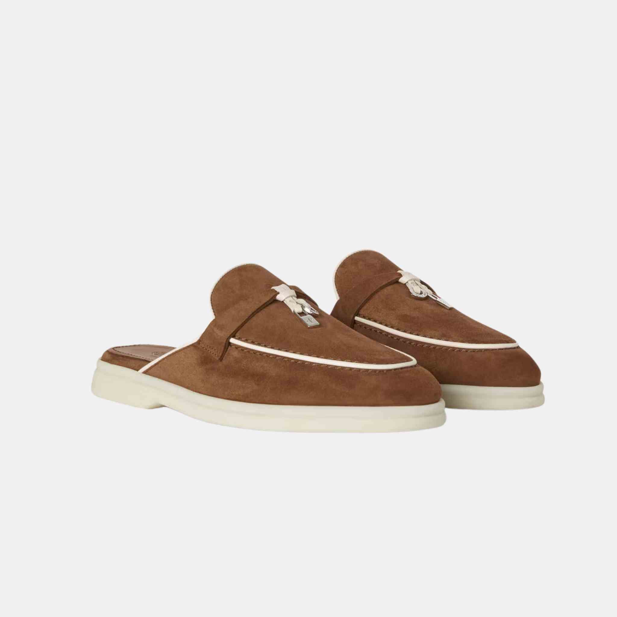 Loro Piana Charms Walk Babouche Loafer With Leather Piping, Rocky Road, Front