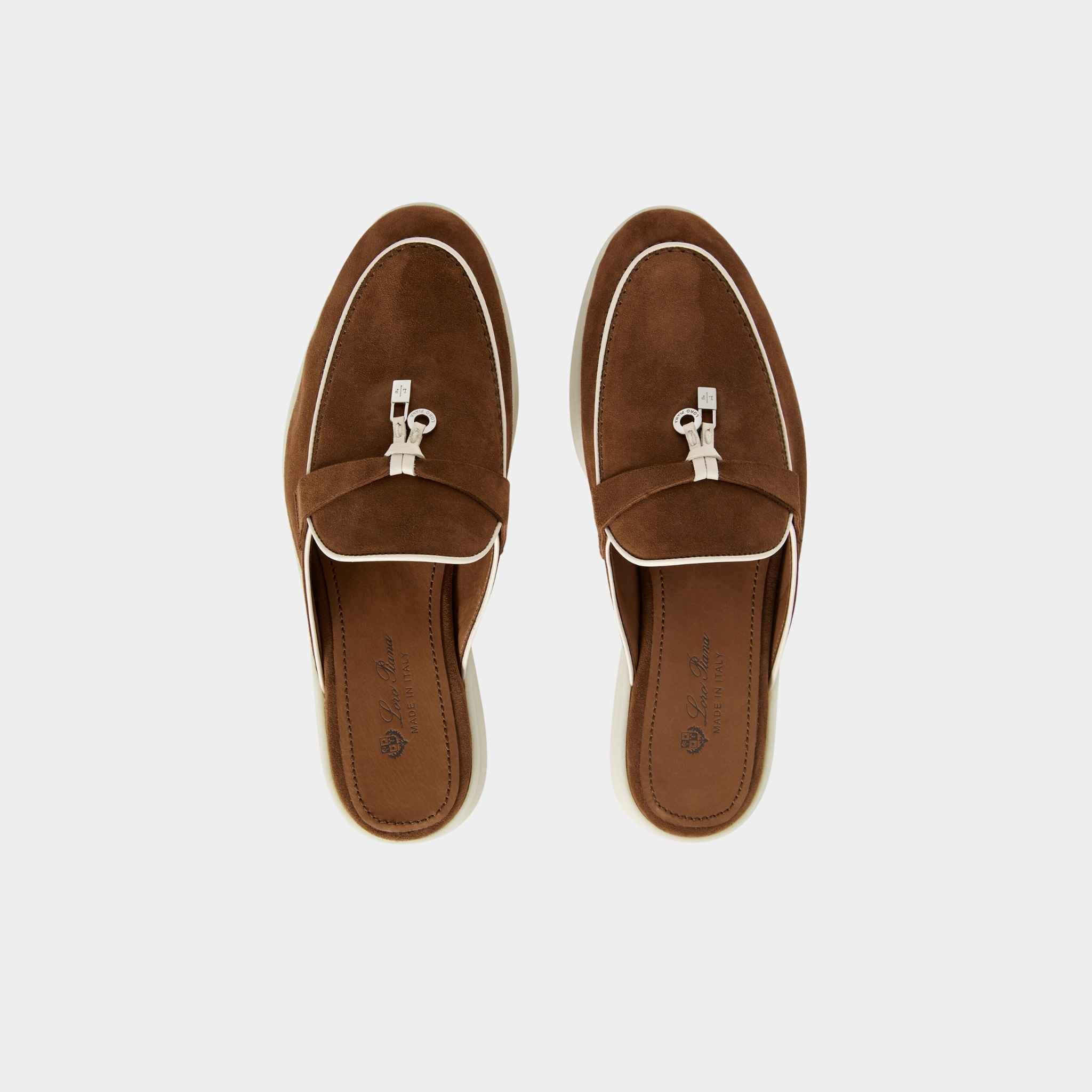 Loro Piana Charms Walk Babouche Loafer With Leather Piping, Rocky Road, Top