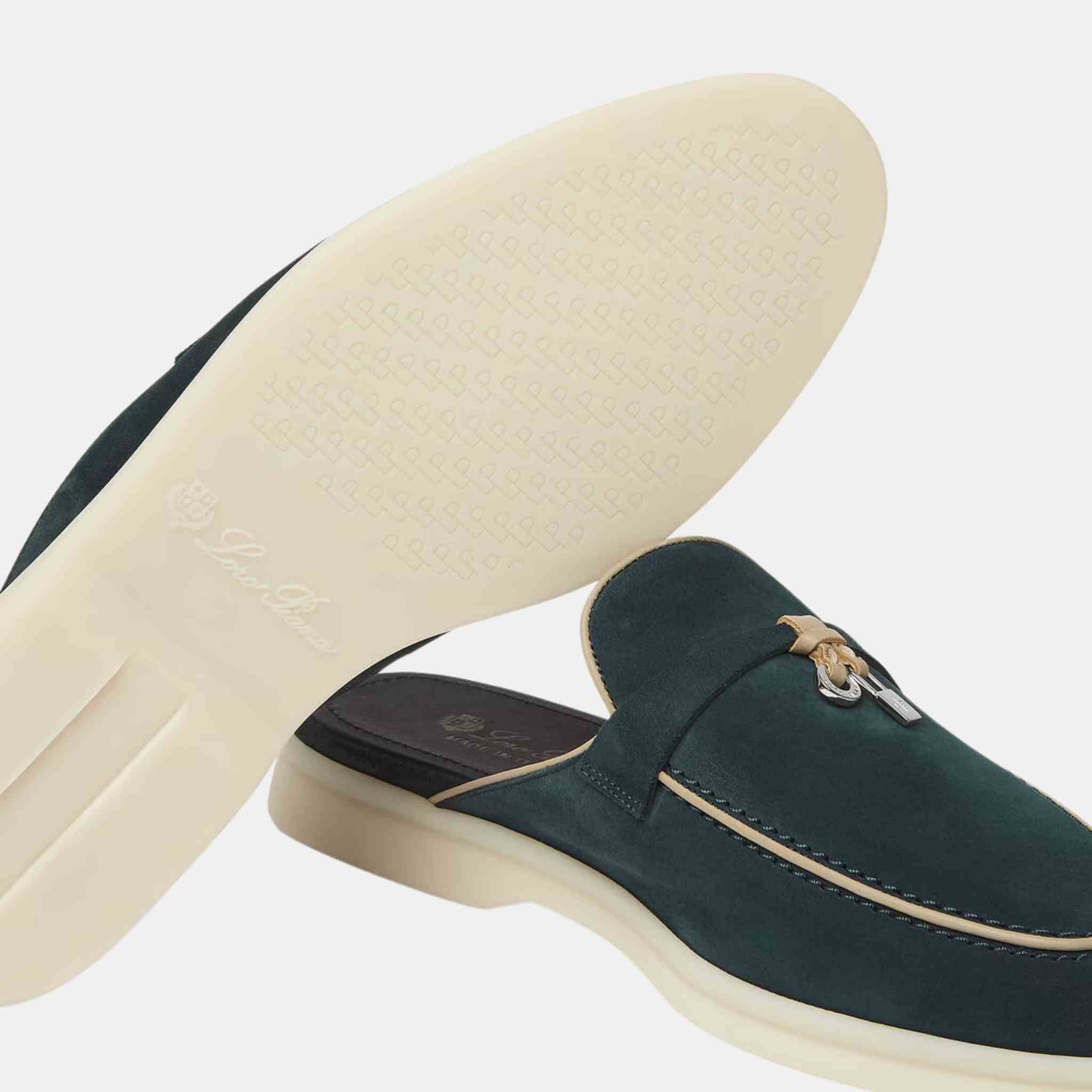 Loro Piana Charms Walk Babouche Suede Loafer With Leather Piping, Emerald Noire, Closeup