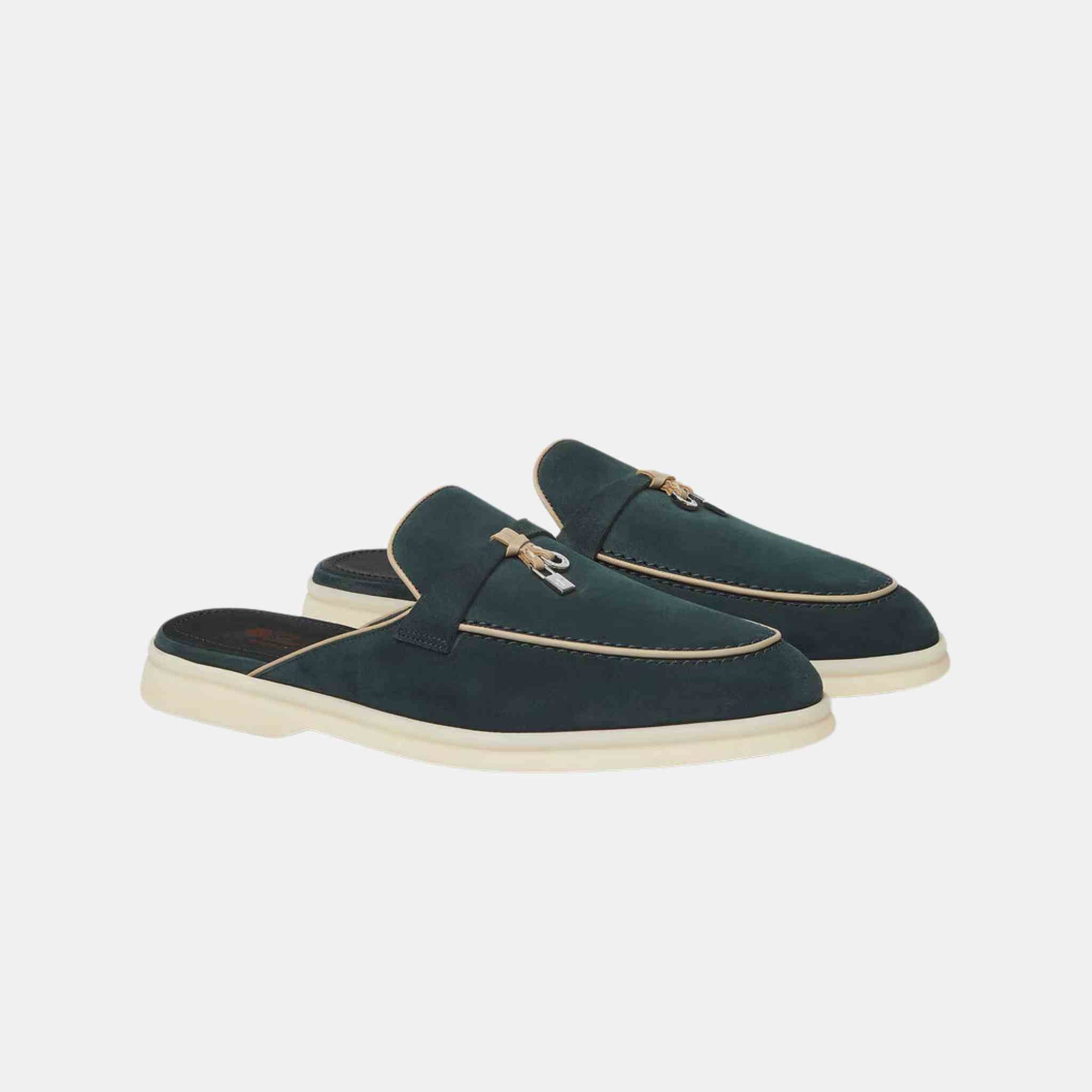 Loro Piana Charms Walk Babouche Suede Loafer With Leather Piping, Emerald Noire, Side