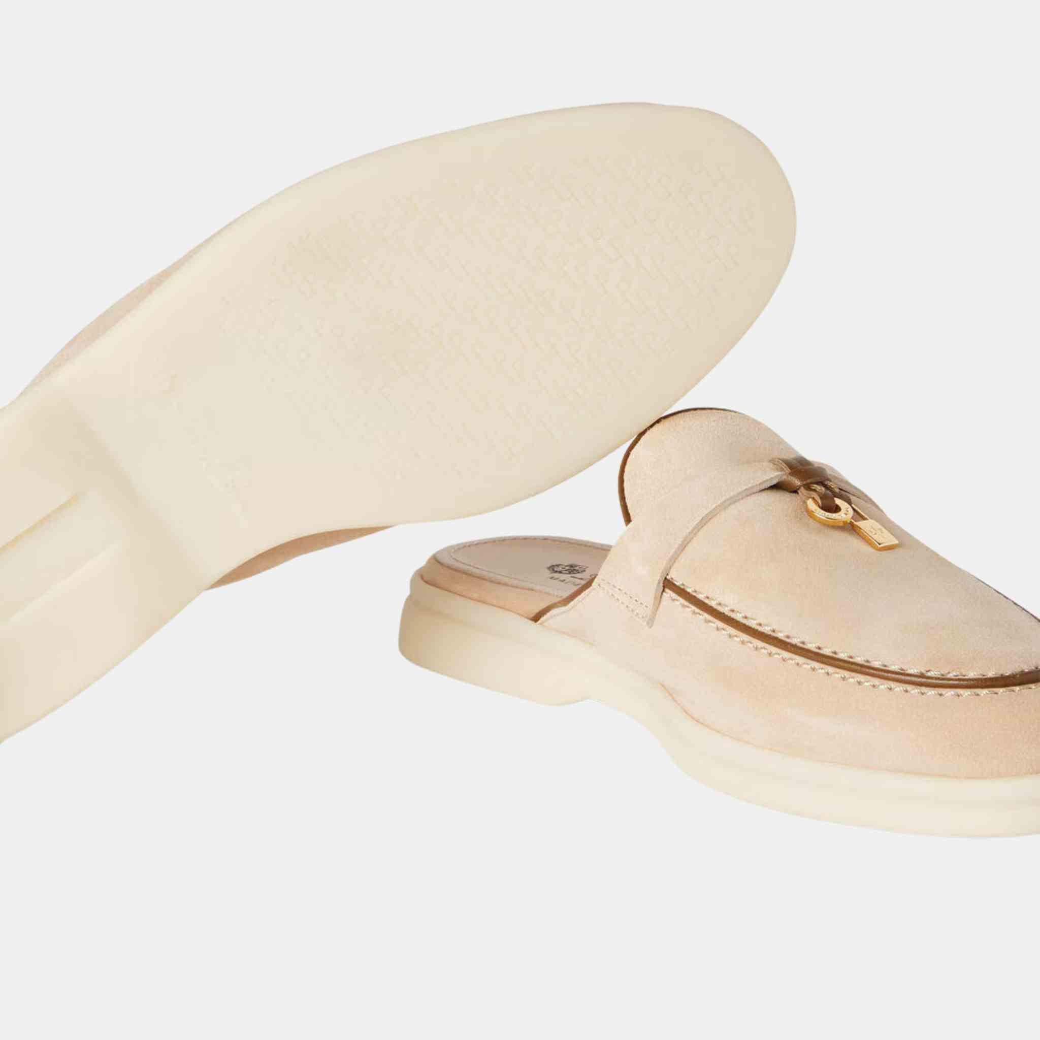 Loro Piana Charms Walk Babouche Suede Loafer With Leather Piping, Natural Light Camel, Front, Closeup