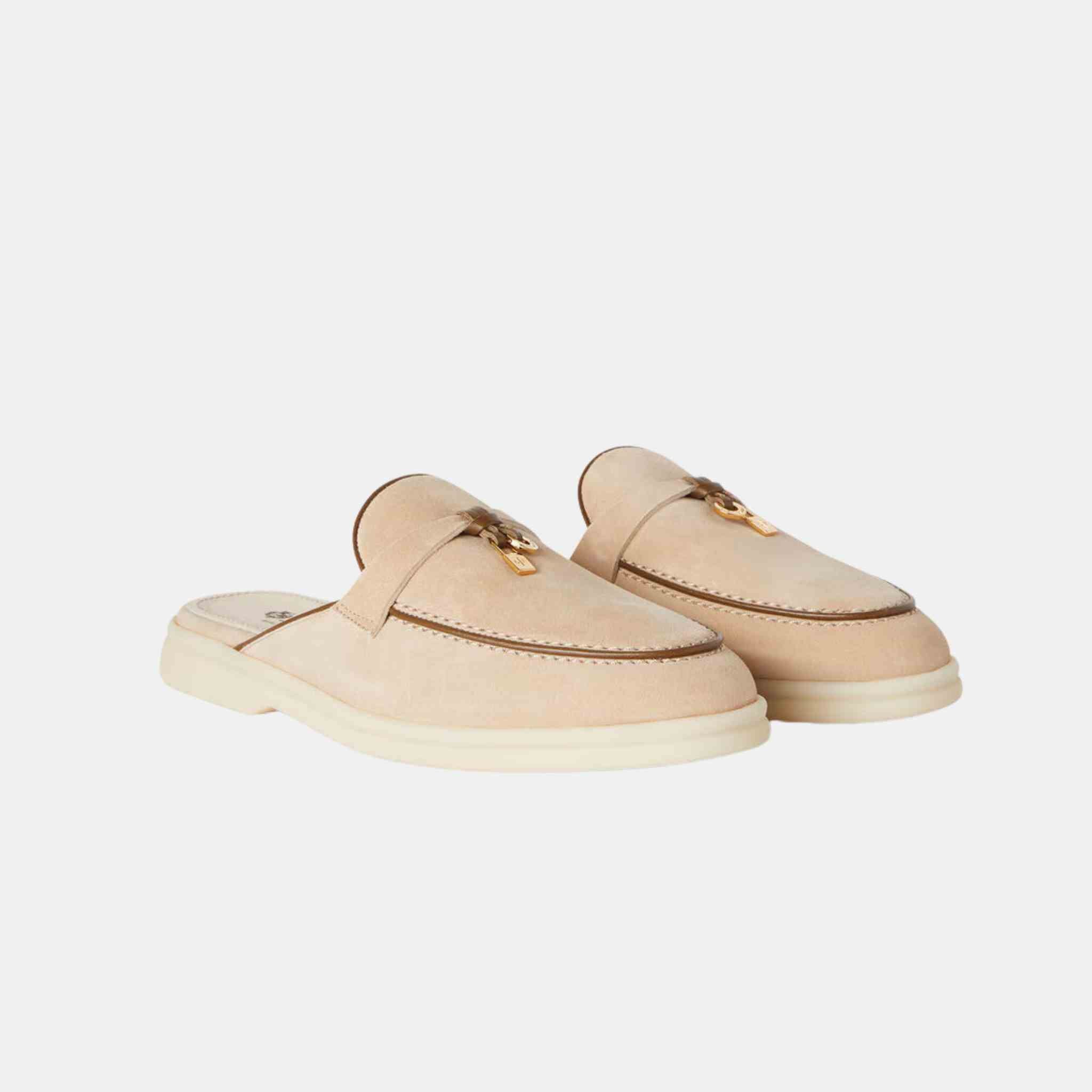 Loro Piana Charms Walk Babouche Suede Loafer With Leather Piping, Natural Light Camel, front