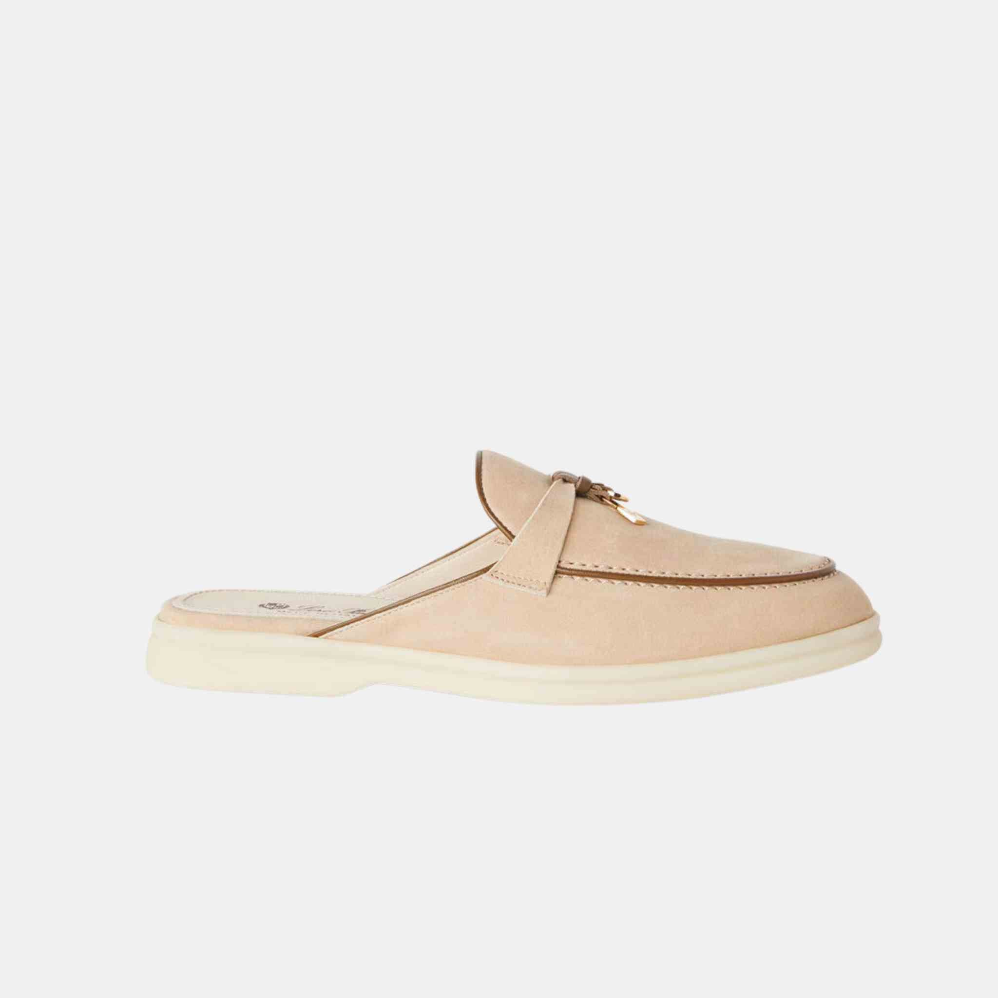 Loro Piana Charms Walk Babouche Suede Loafer With Leather Piping, Natural Light Camel, side