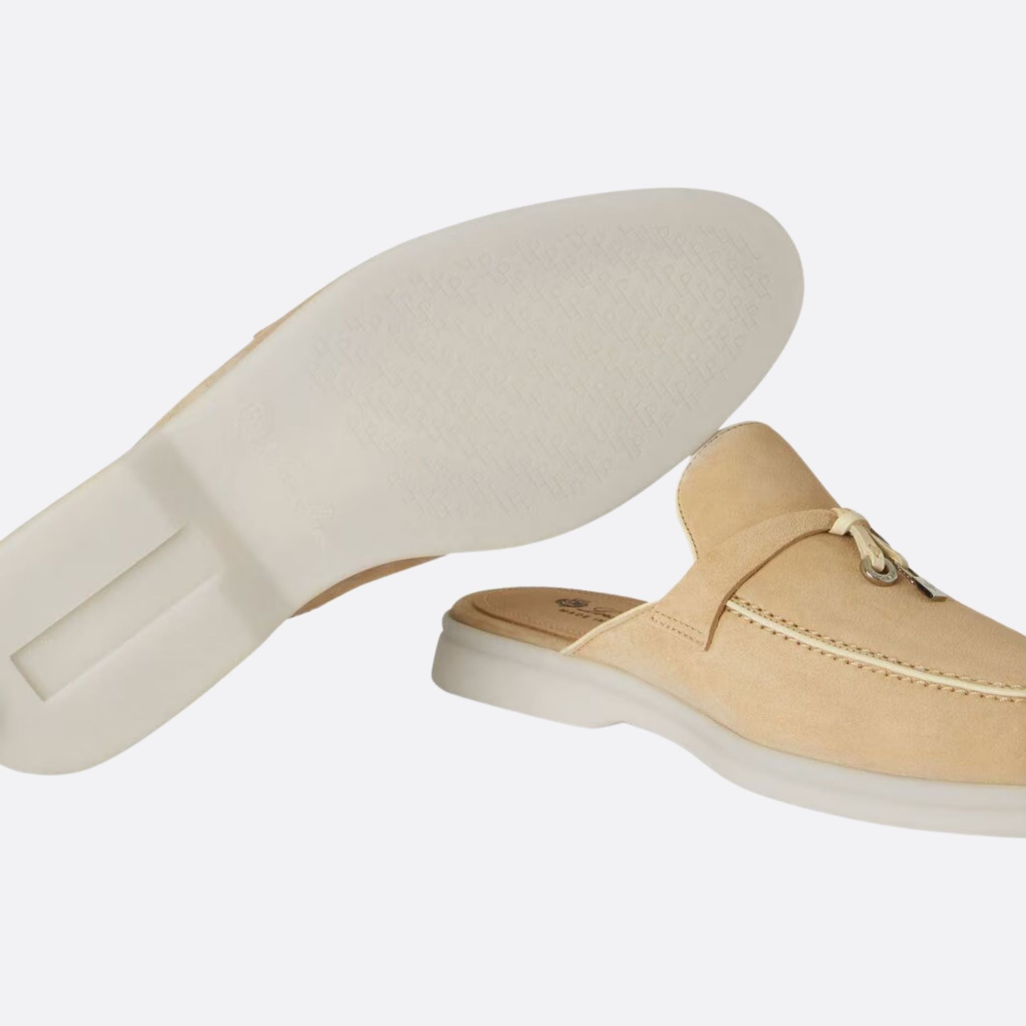 Loro Piana Charms Walk Babouche Suede Loafer With Leather Piping, Windy Dunes, Closeup View
