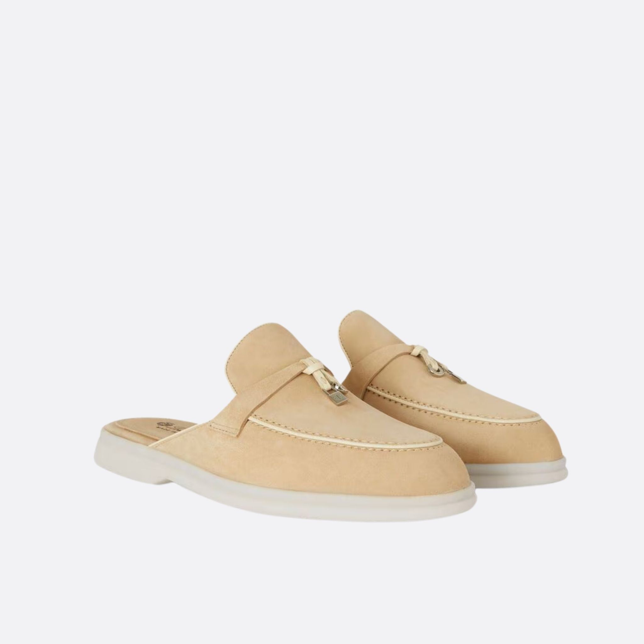 Loro Piana Charms Walk Babouche Suede Loafer With Leather Piping, Windy Dunes, Front Side View
