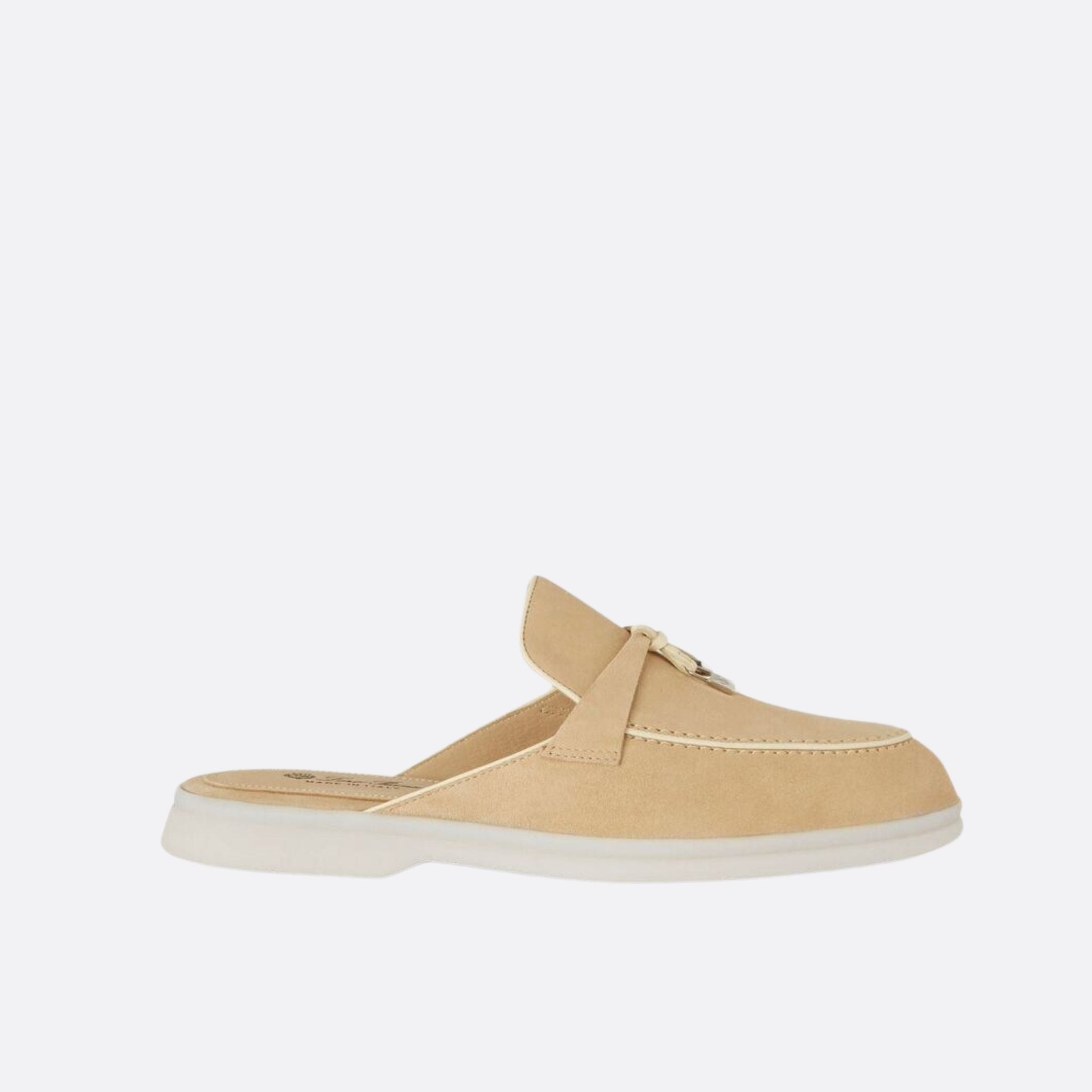 Loro Piana Charms Walk Babouche Suede Loafer With Leather Piping, Windy Dunes, Side View