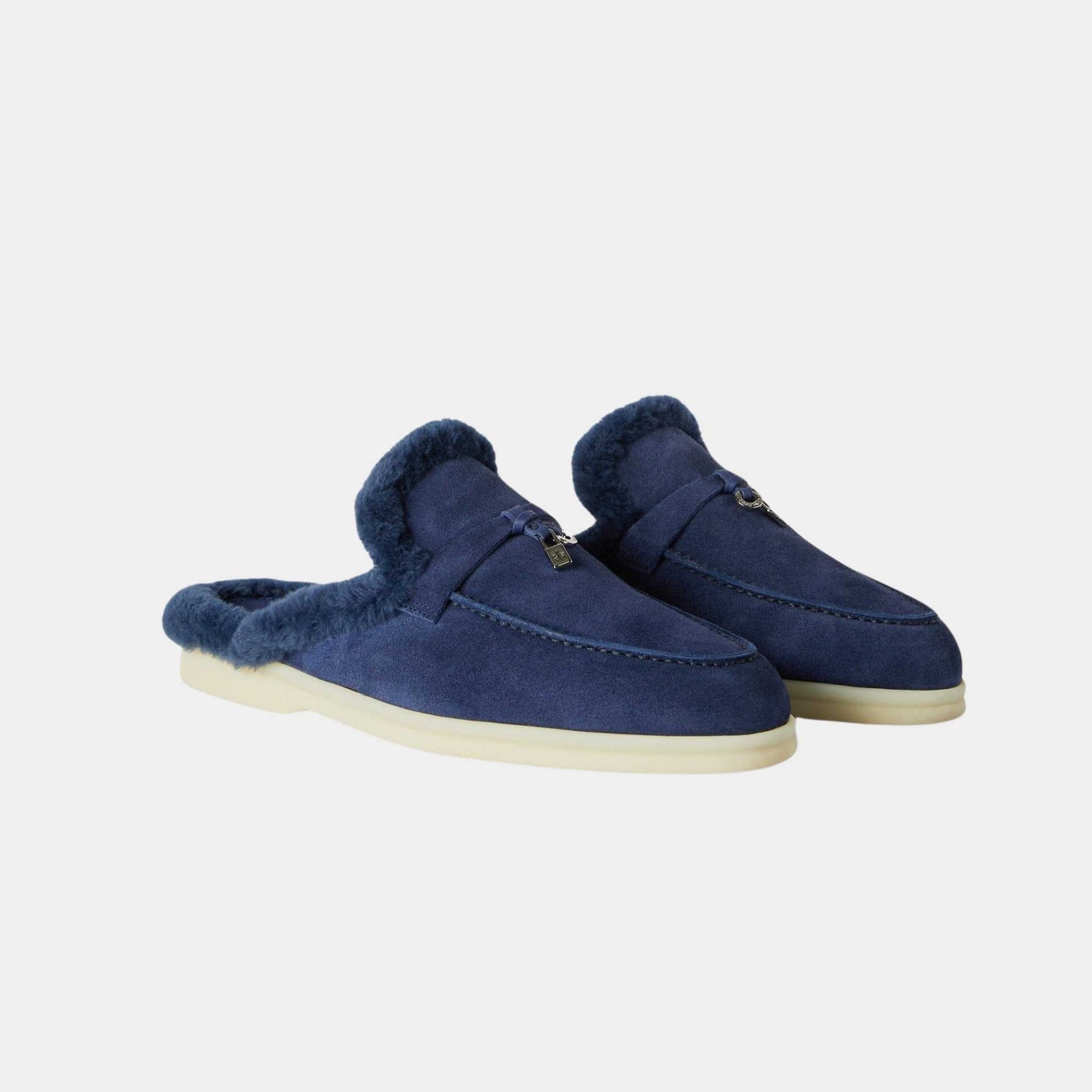 Loro Piana Charms Walk Babouche Suede Loafer With Soft Fur Lining, Midnight Blue, Front