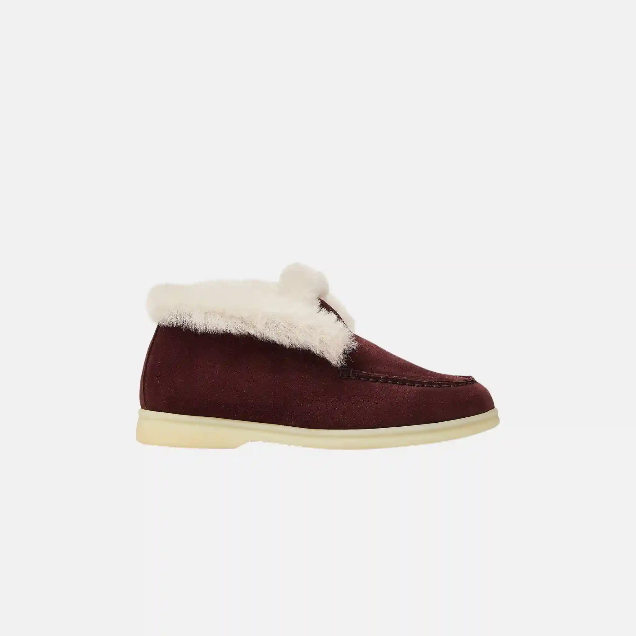 Loro Piana Kids Open Walk Ankle Boot in Suede Lined in Shearling, Side