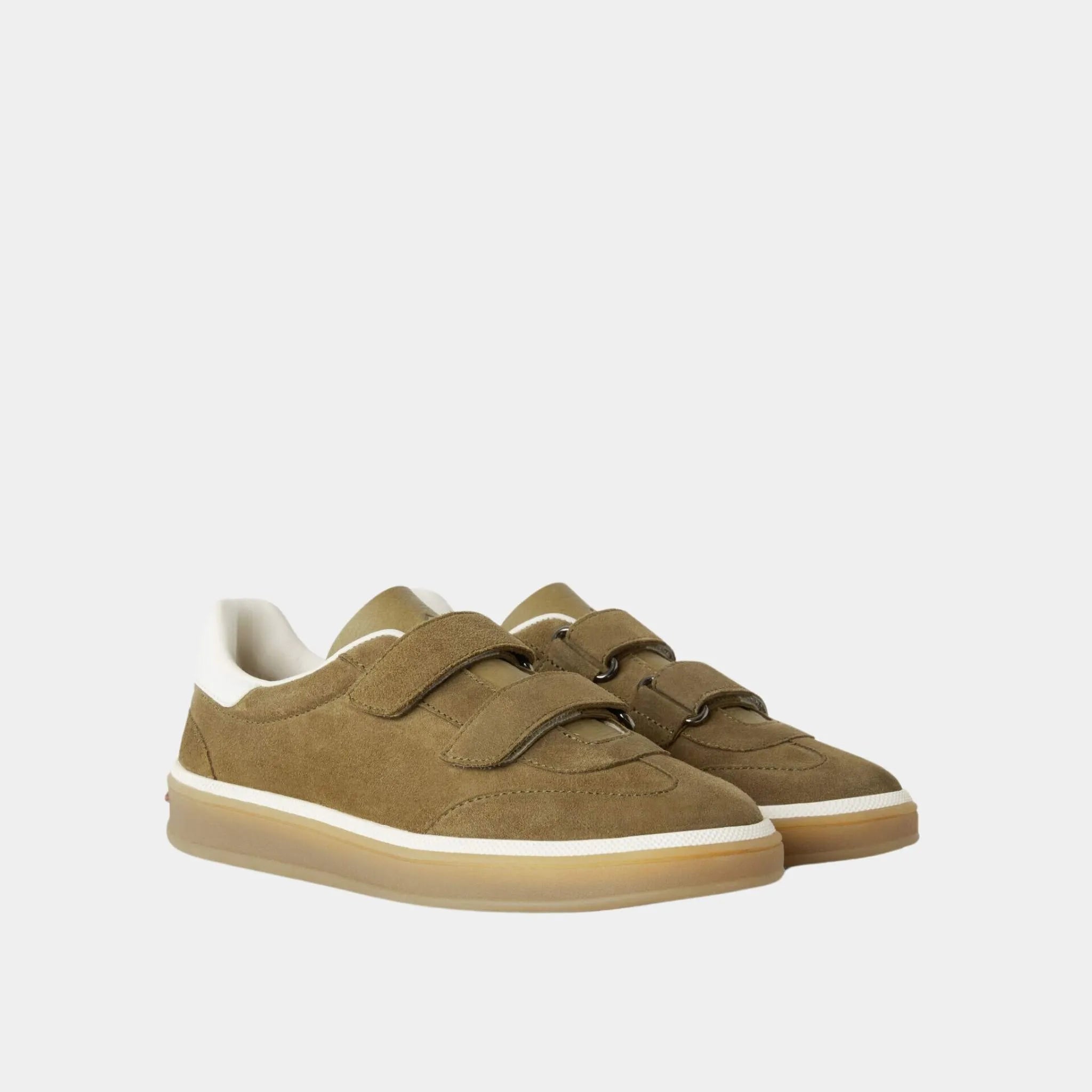 Loro Piana Kids Tennis Walk Sneakers Suede Calf Split, Tundra Green, Front
