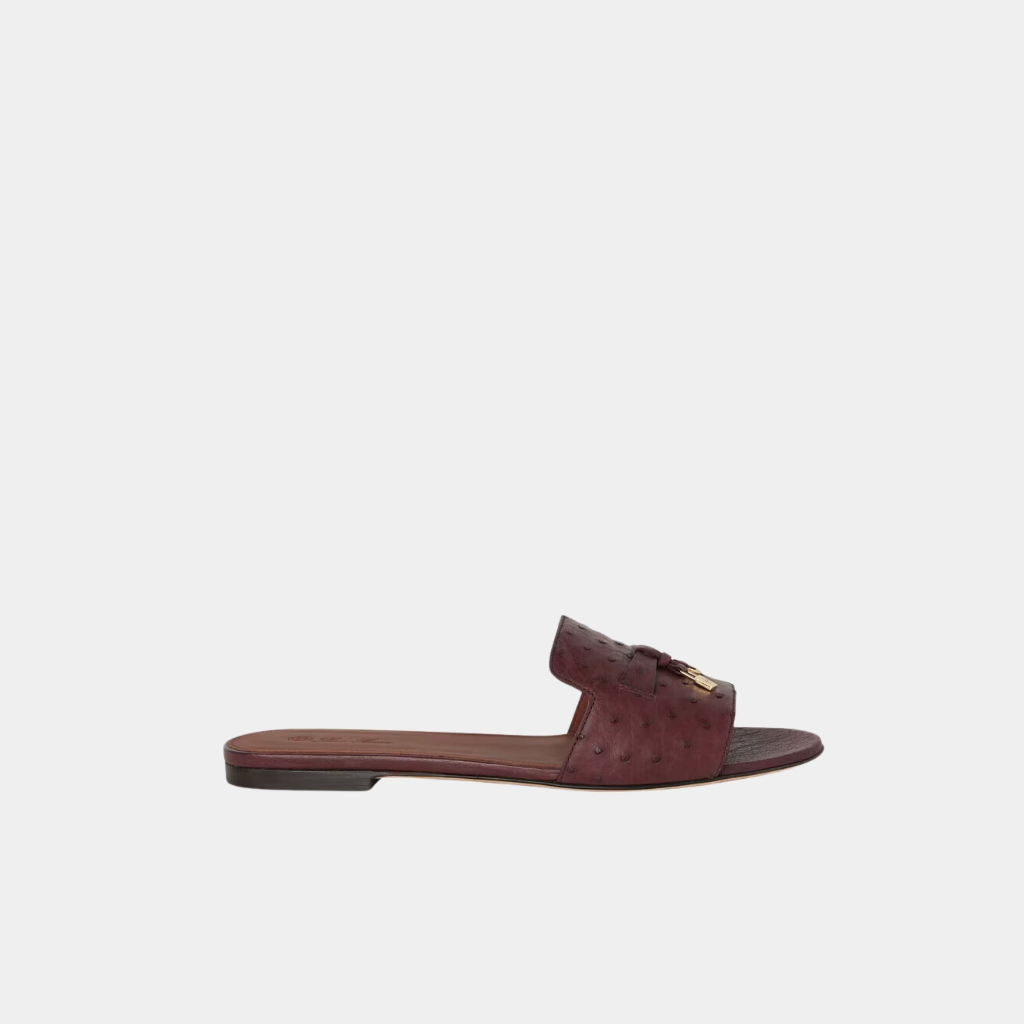 Loro Piana Summer Charms Ostrich Leather Flat Sandal, Burgundy, Sun Gold, Side