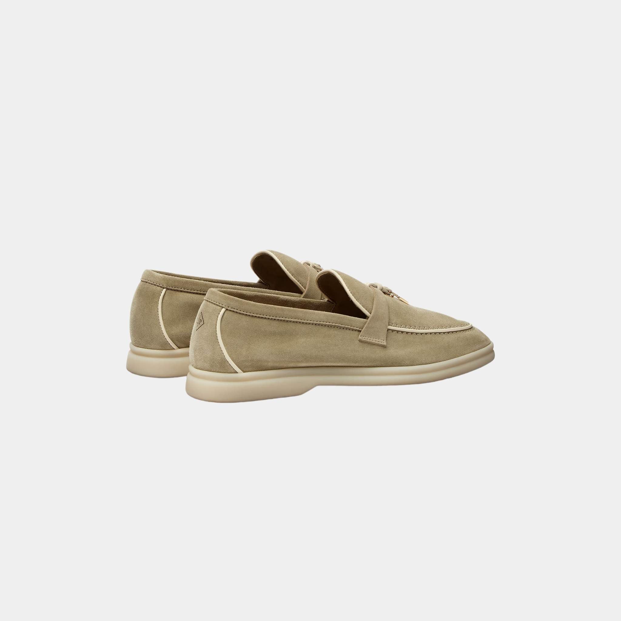 Loro Piana Summer Charms Walk Loafers In Suede Goatskin, Dried Taragon, Back