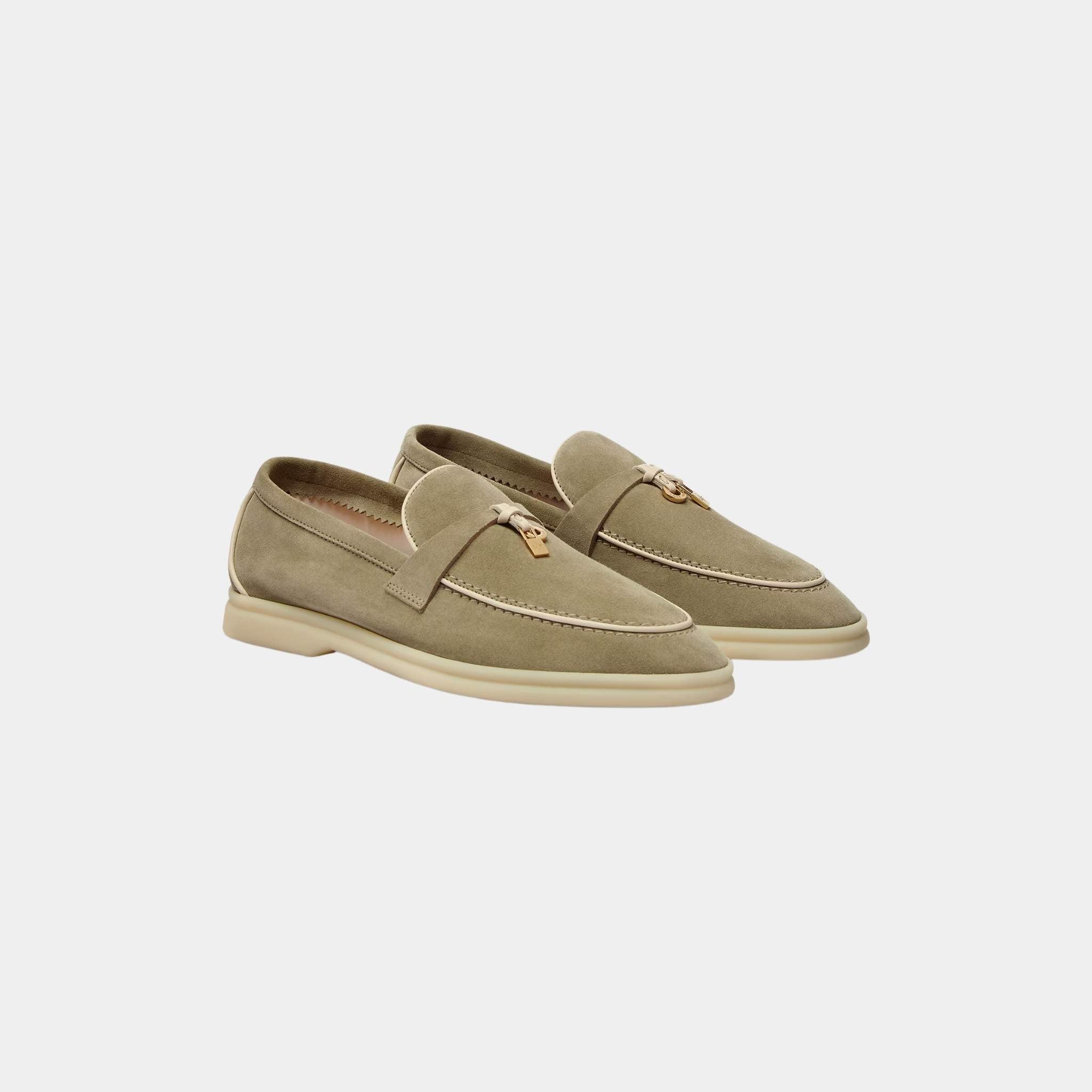 Loro Piana Summer Charms Walk Loafers In Suede Goatskin, Dried Taragon, Front