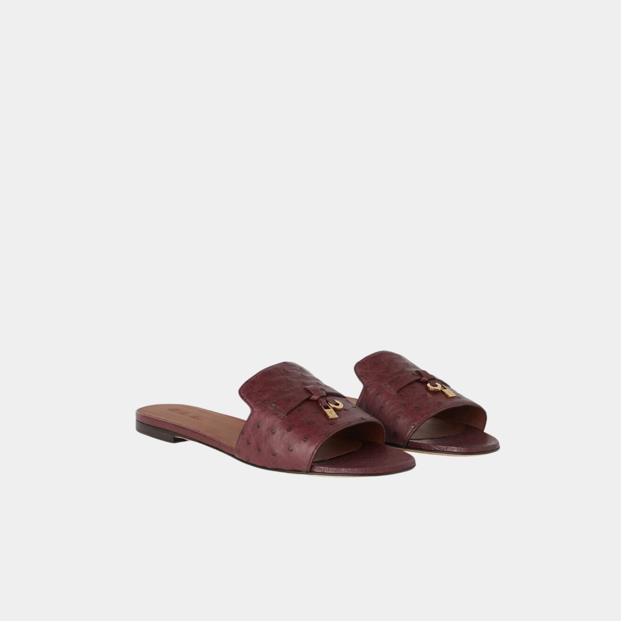 Loro Piana Summer Charms Ostrich Leather Flat Sandal, Burgundy, Sun Gold, Front