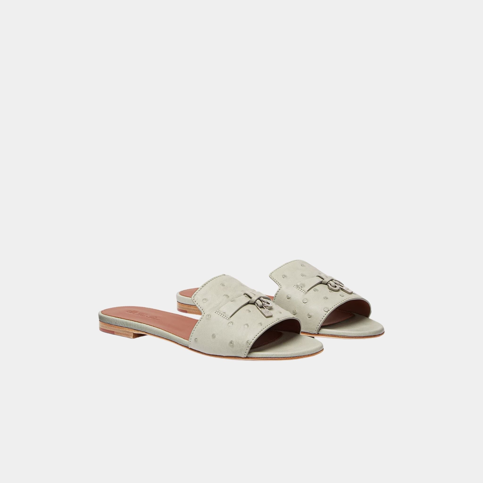 Loro Piana Summer Charms Ostrich Leather Flat Sandal, Deep Ice, Front