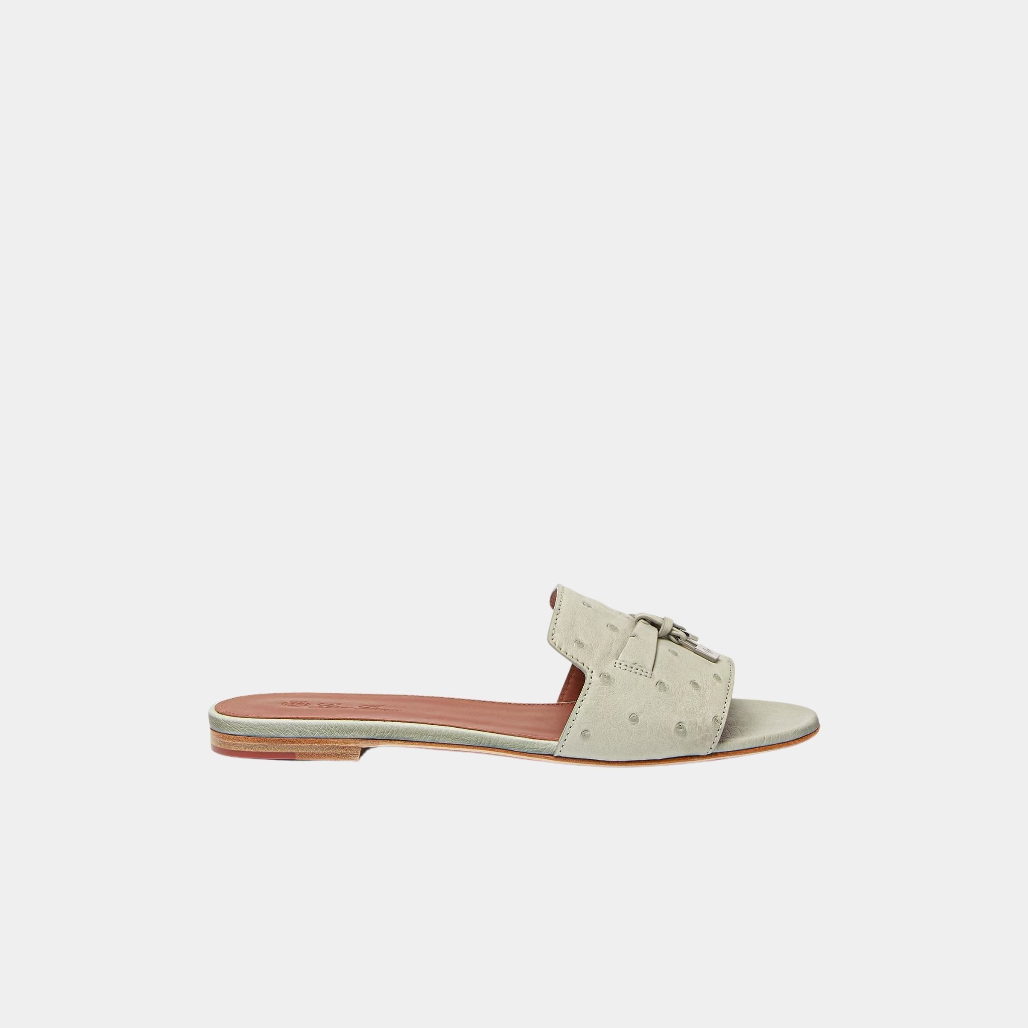 Loro Piana Summer Charms Ostrich Leather Flat Sandal, Deep Ice, Side