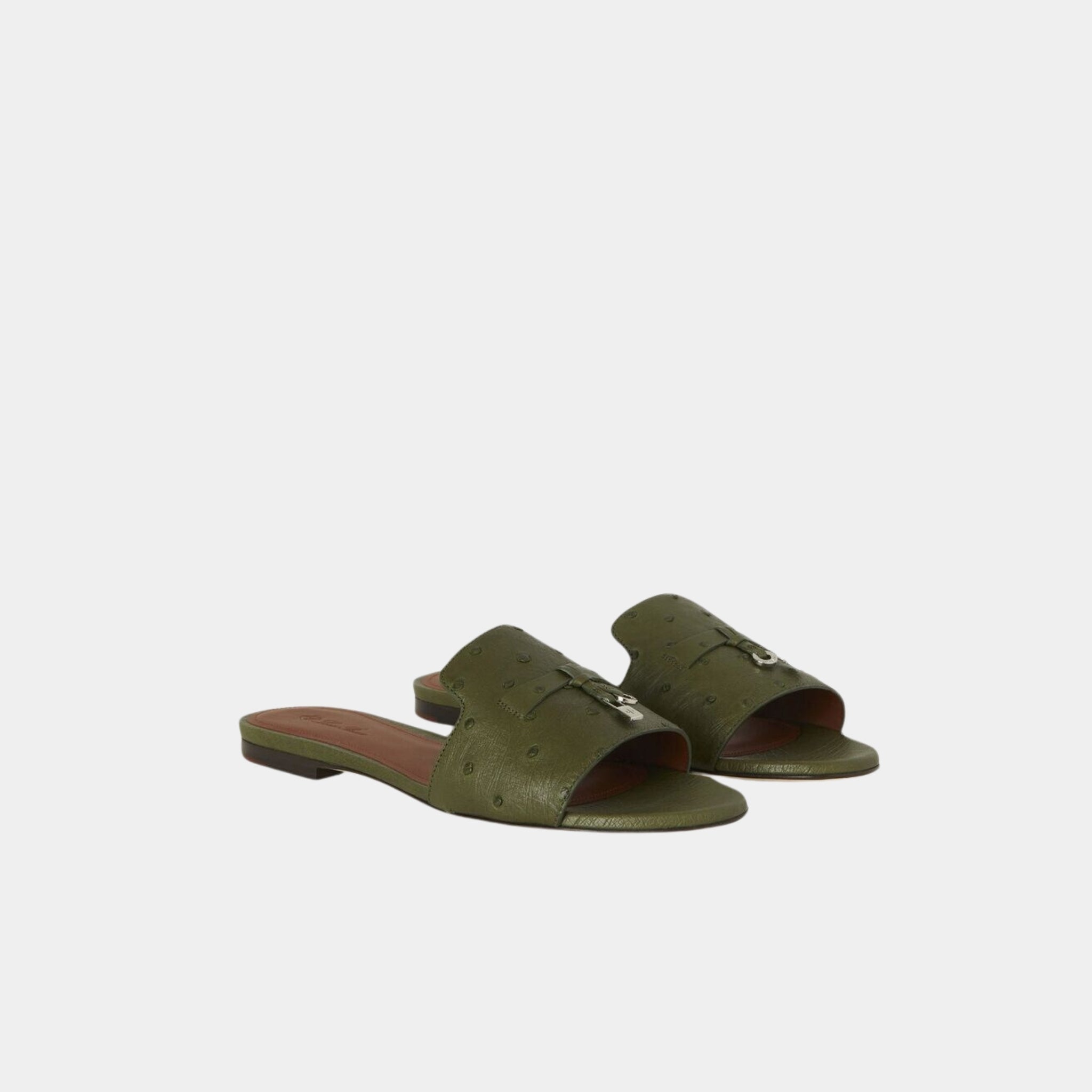 Loro Piana Summer Charms Sandal Flats Ostrich Leather, Dark Lichen Green, Front