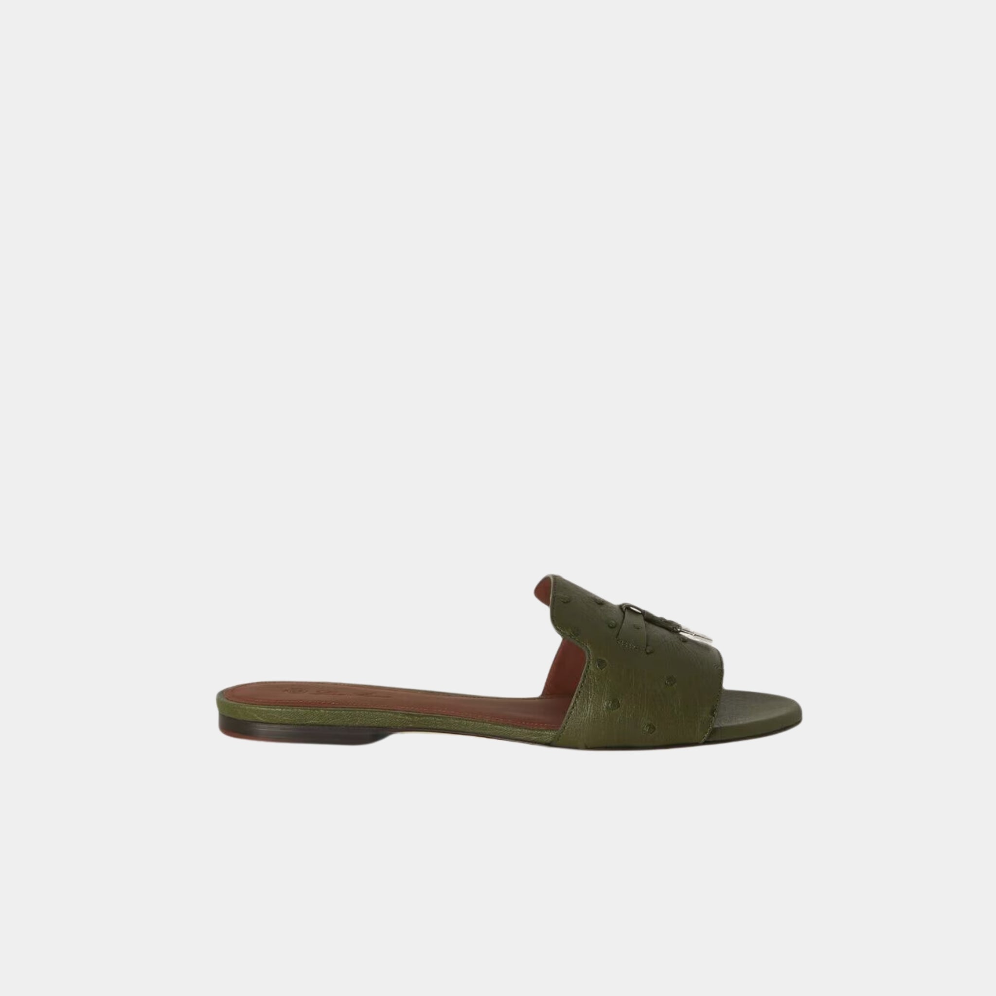 Loro Piana Summer Charms Sandal Flats Ostrich Leather, Dark Lichen Green, Side