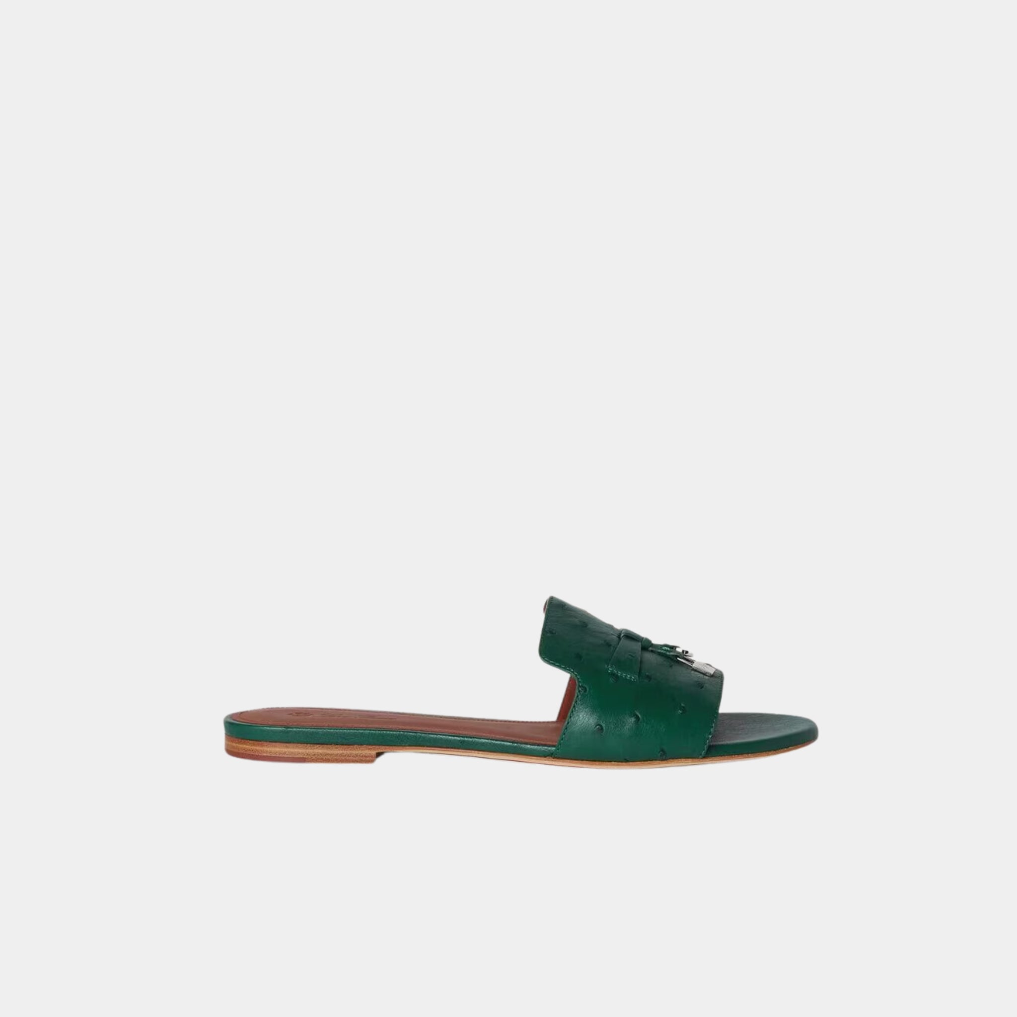 Loro Piana Summer Charms Sandal Flats Ostrich Leather, Forest Leaves, Side