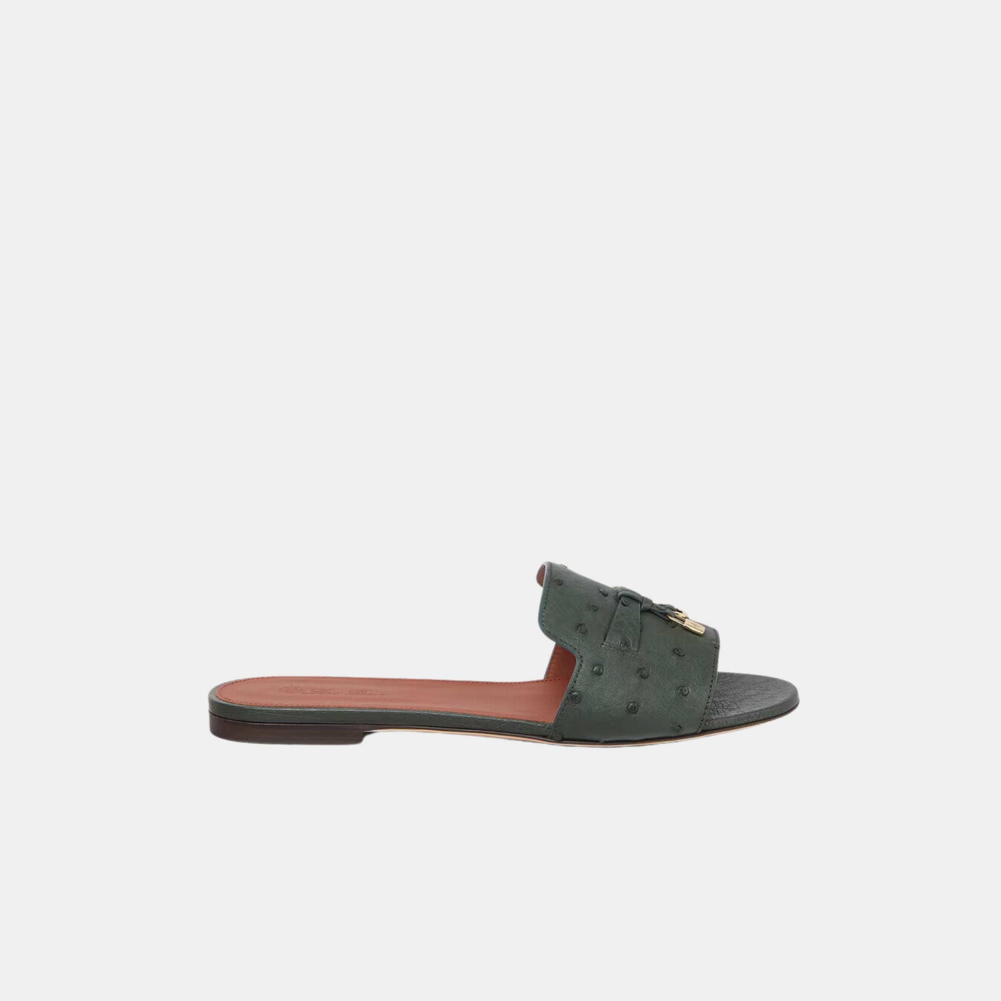 Loro Piana Summer Charms Sandal Flats Ostrich Leather, Forest, Sun Gold, Side