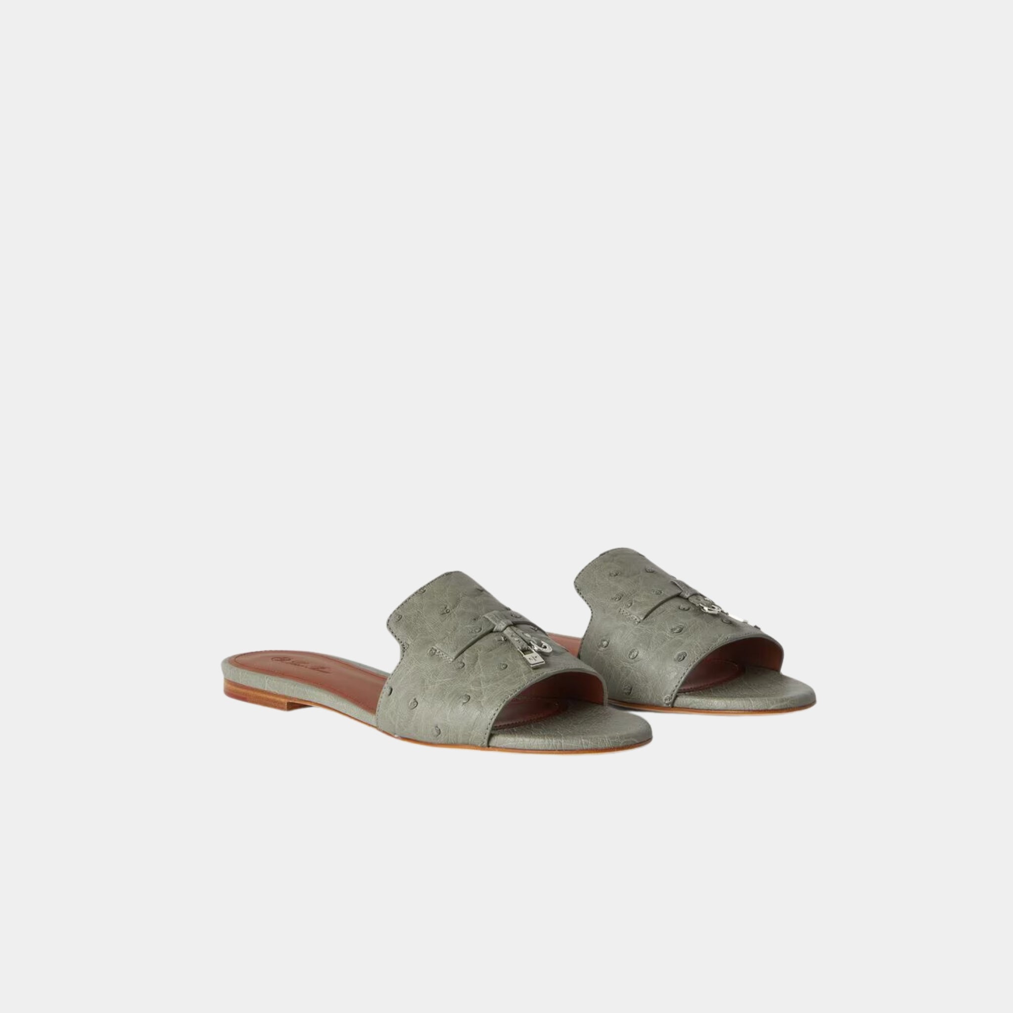 Loro Piana Summer Charms Sandal Flats Ostrich Leather, Yerba Mate, Front