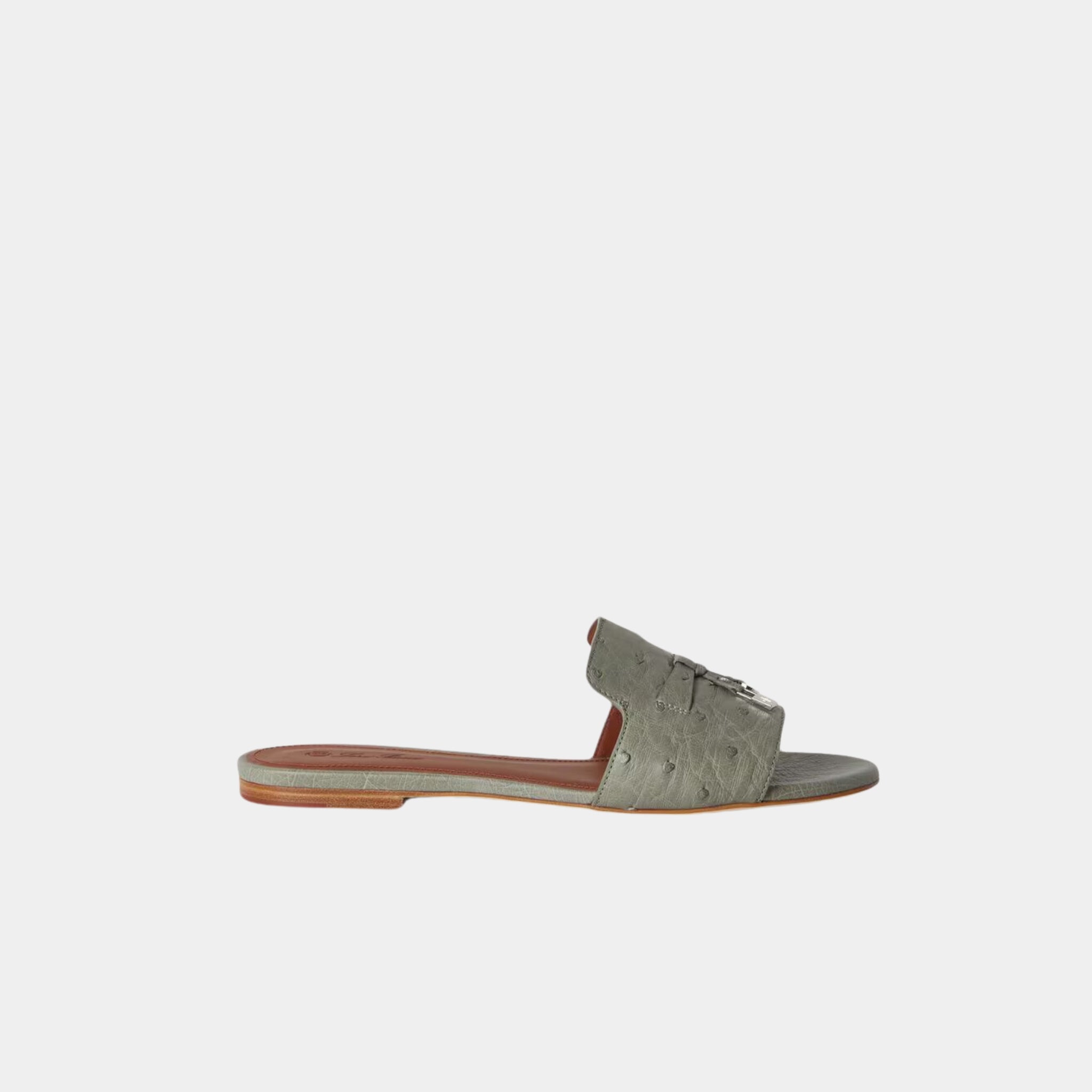 Loro Piana Summer Charms Sandal Flats Ostrich Leather, Yerba Mate, Side