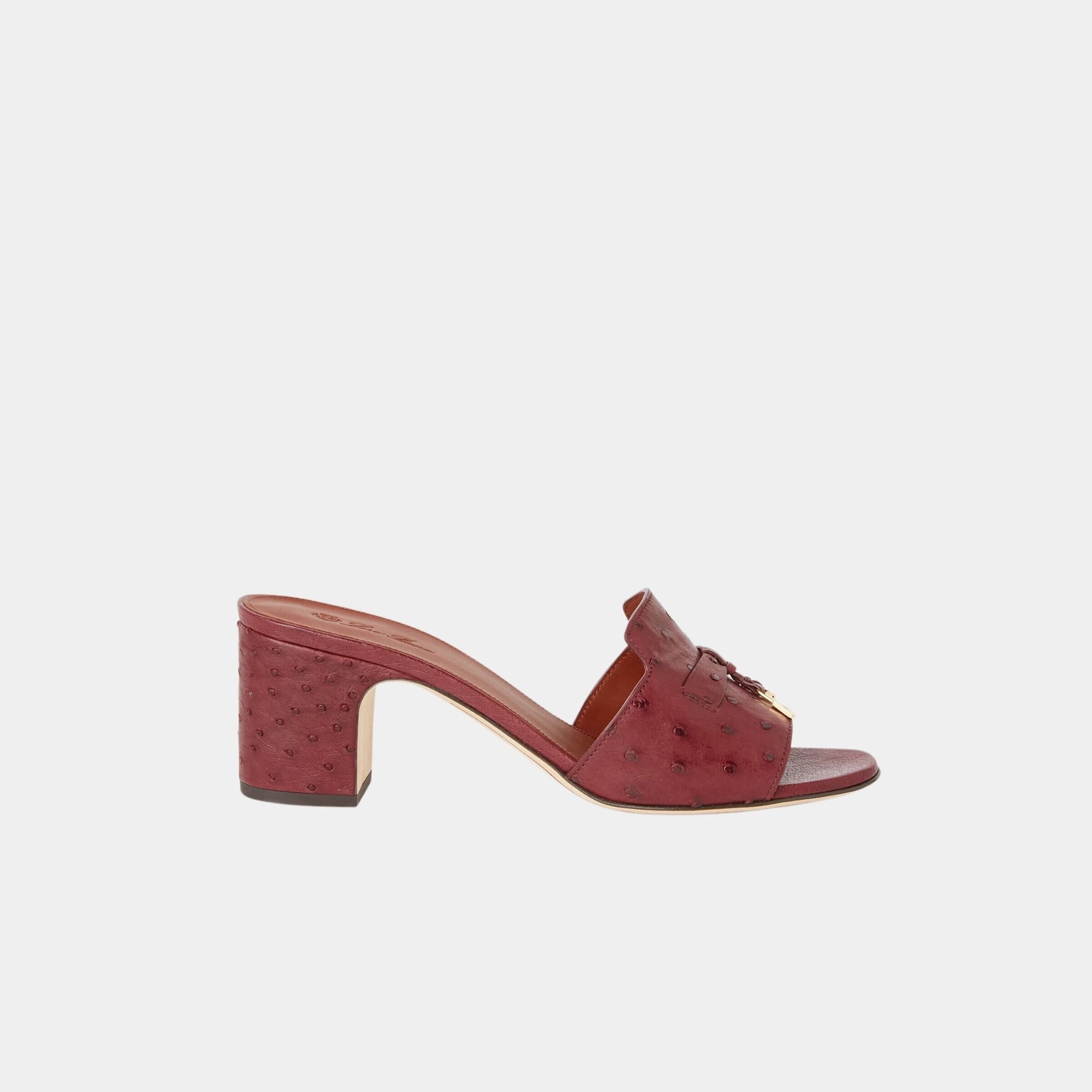 Loro Piana Summer Charms Sandal Heeled Ostrich Leather, Burgundy, Sun Gold, Side
